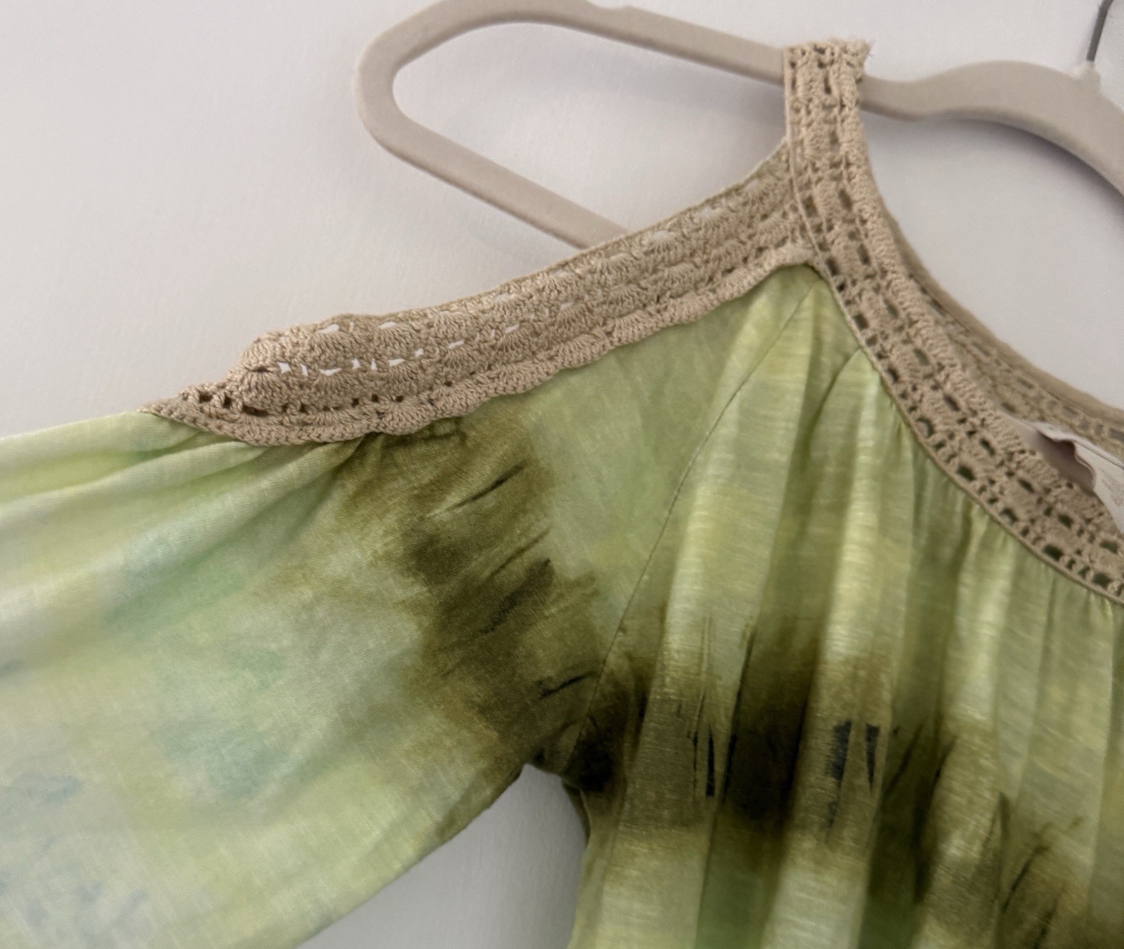 Chico’s Women’s 0 Green/Blue Tie-Dye Crochet Trim 3/4 Sleeve Blouse Top