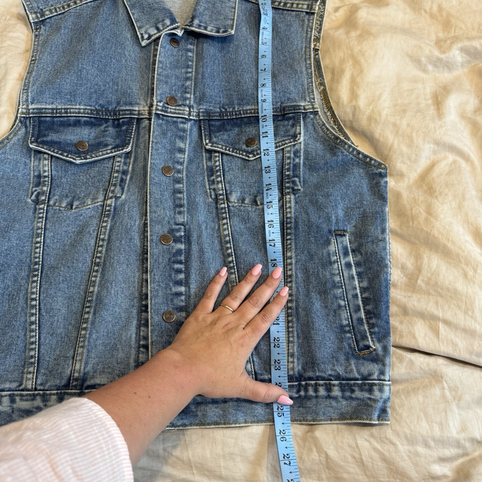 VTG The Leather Shop Denim Biker Vest Mens S Women L 100% Cotton Made In USA