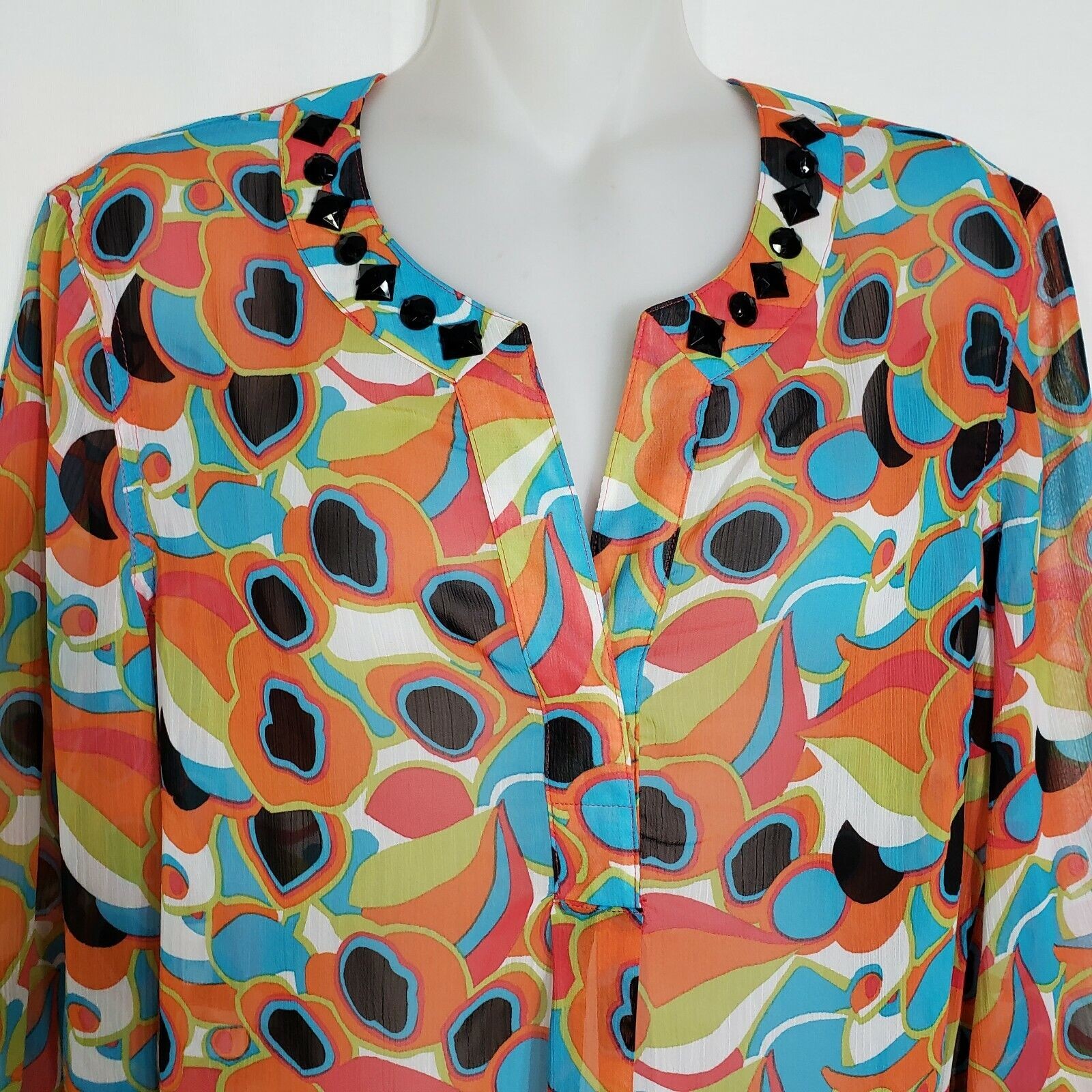 Evan Picone Womens Top Size 6 Tunic 3/4 Sleeve Semi Sheer Blouse Jewel Neckline