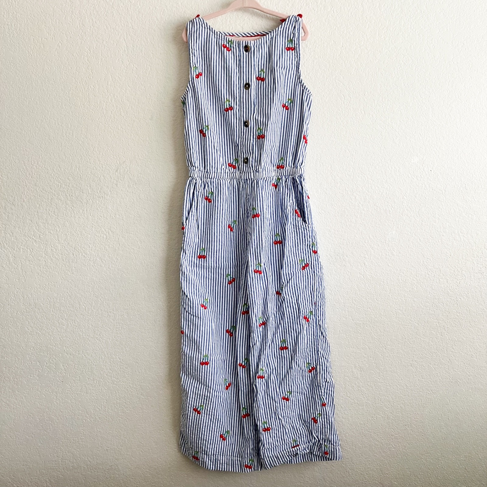 Mini Boden Girls Striped Cherry Wide Leg Jumpsuit Size 9-10 Years 100% Cotton