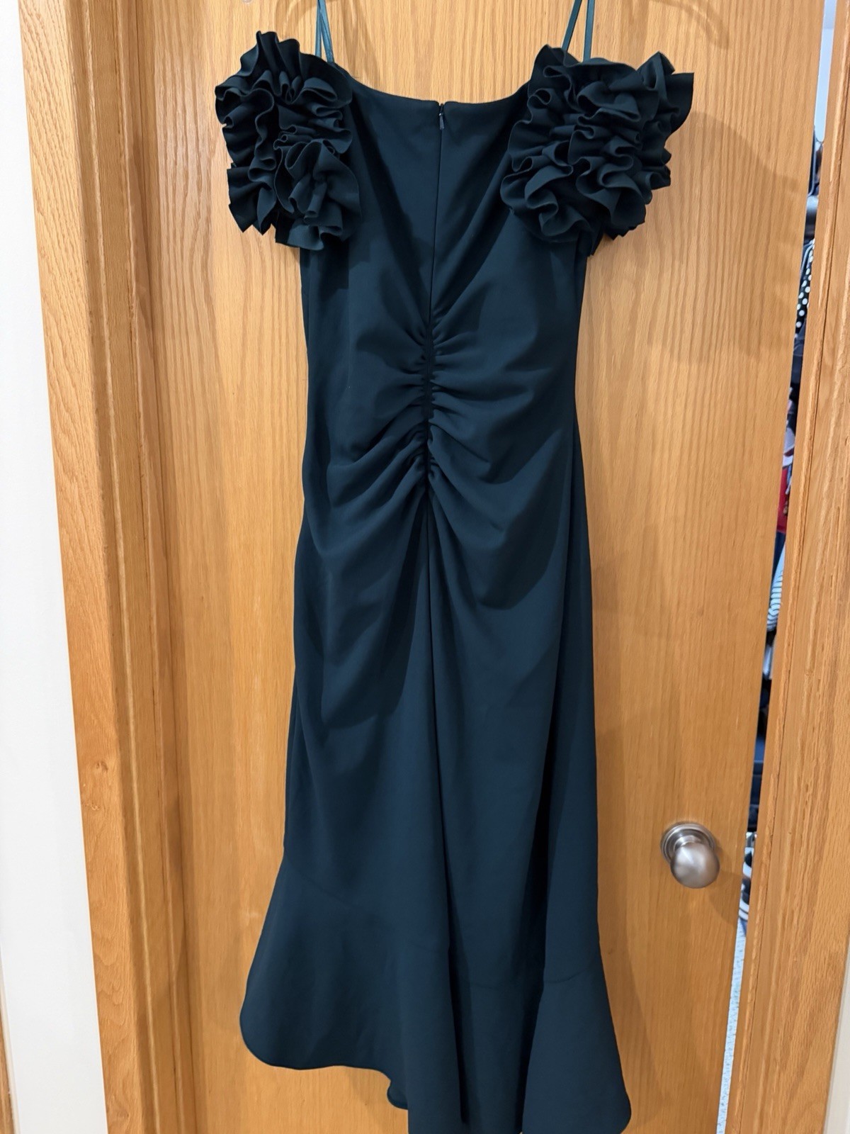 Xscape Off-Shoulder Ruched Ruffle Sleeve Midi Sheath Dress Green 10 Chiffon