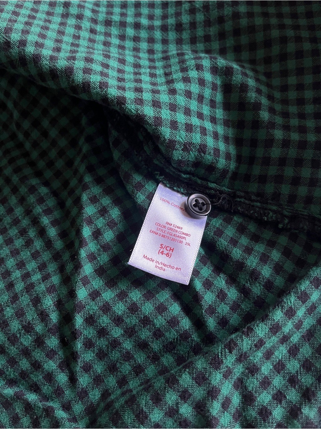 Faded Glory Green & Black Checkered Long Sleeve Gingham Button Up Shirt Size S