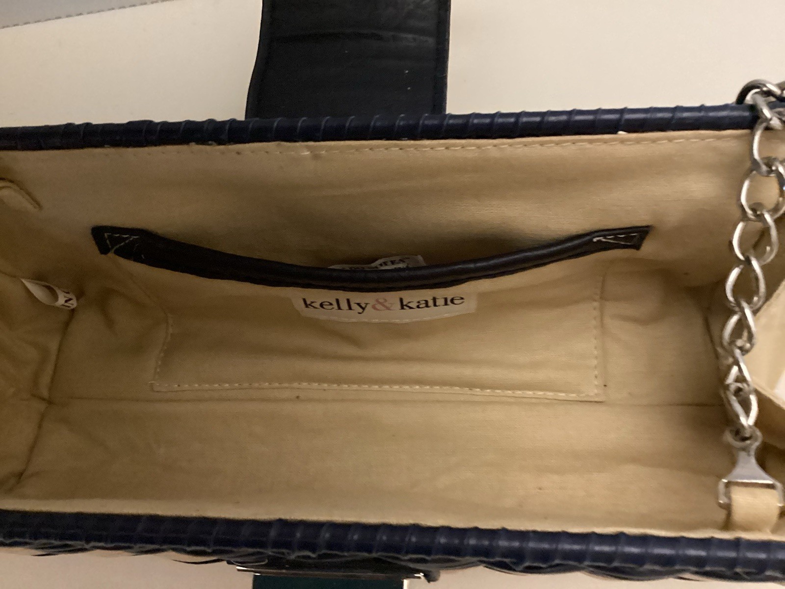 Kelly & Katie Rattan Wicker Handbag NEW Navy Cream Silver