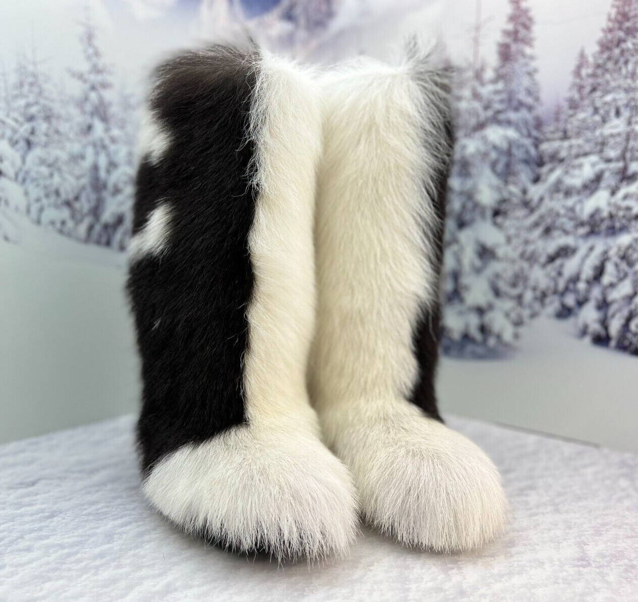 Knee Brown white goat fur women winter boots Yeti boots Long Handmade by LITVIN