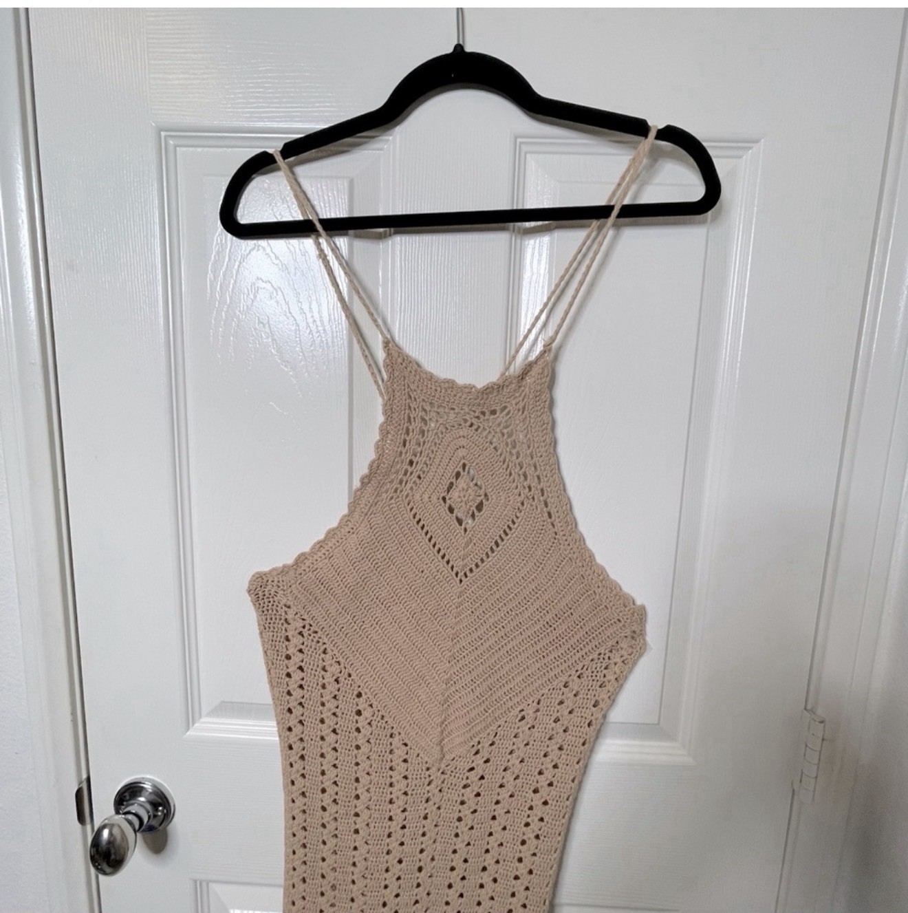 Spell & The Gypsy Collective Beige Crochet Halter Maxi Dress Tassel Open Back M