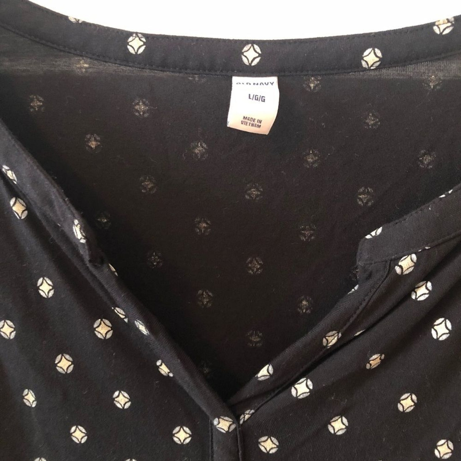Black, v-neck, 3/4 length sleeve, Old Navy shirt with white polka dot detail