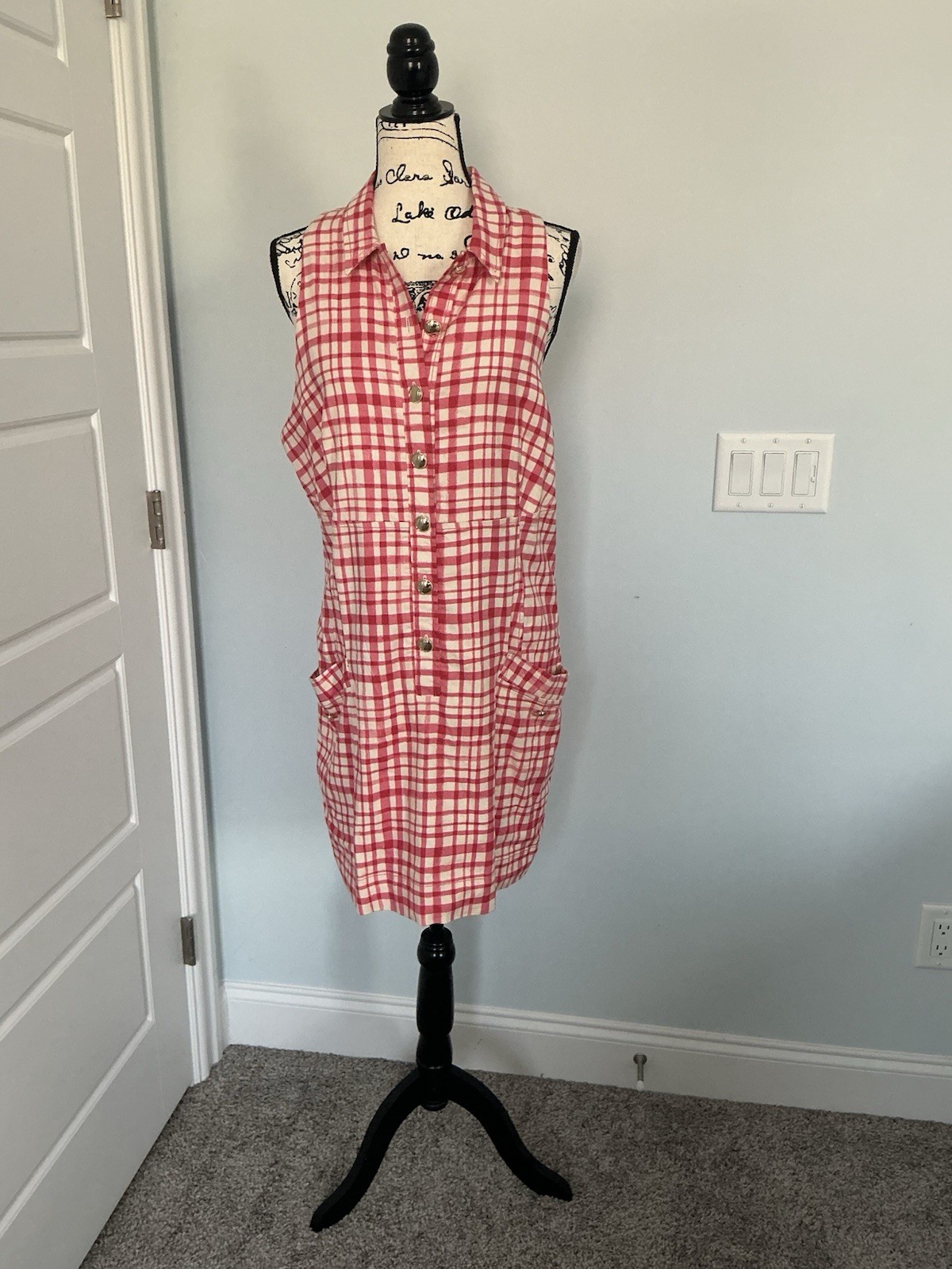 Maeve Pink/White Gingham Collared Shirt Dress Button Front Pockets Lined XL