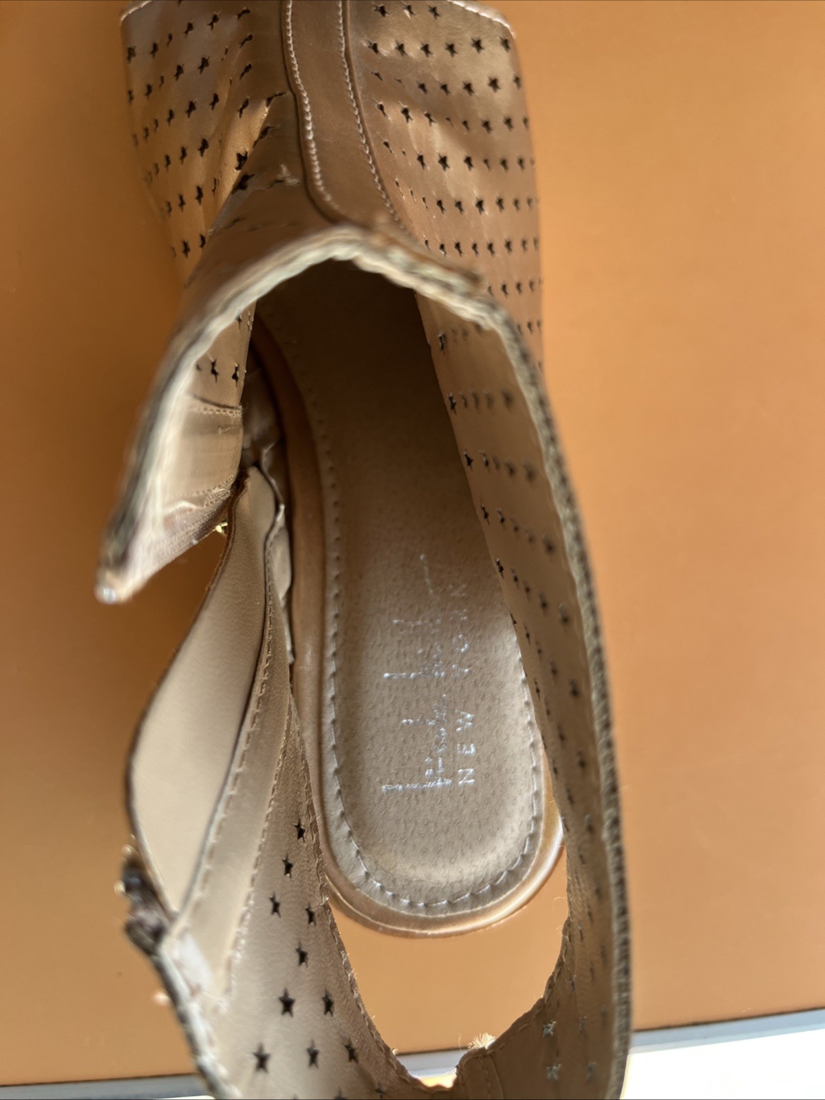 Nicole Miller Shoes Size 4 Gold, Star, Open Toe Zip Boot Open Heel