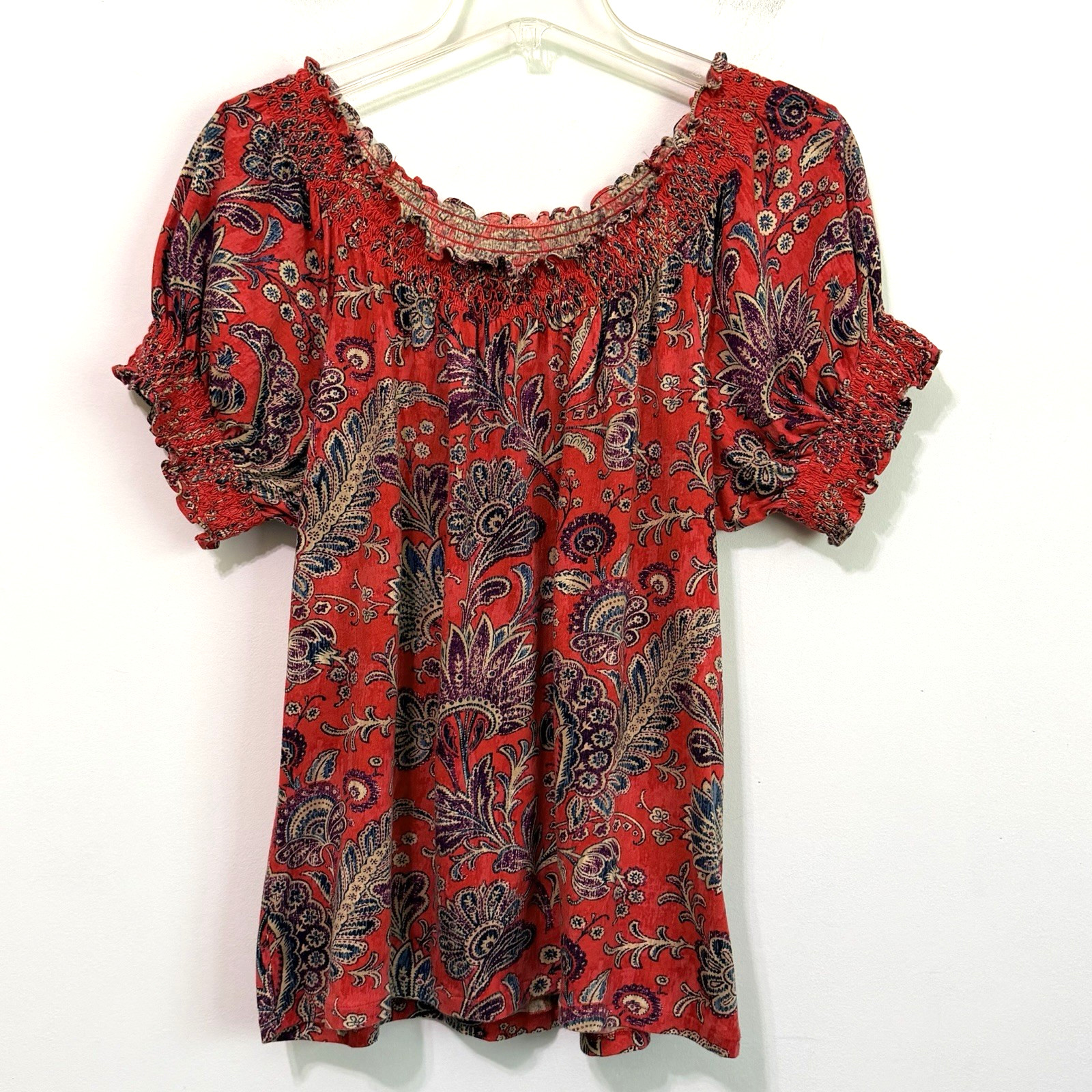 Lauren Ralph Lauren Top XL Red Paisley Smocked Neck Stretch Knit Preppy Shirt