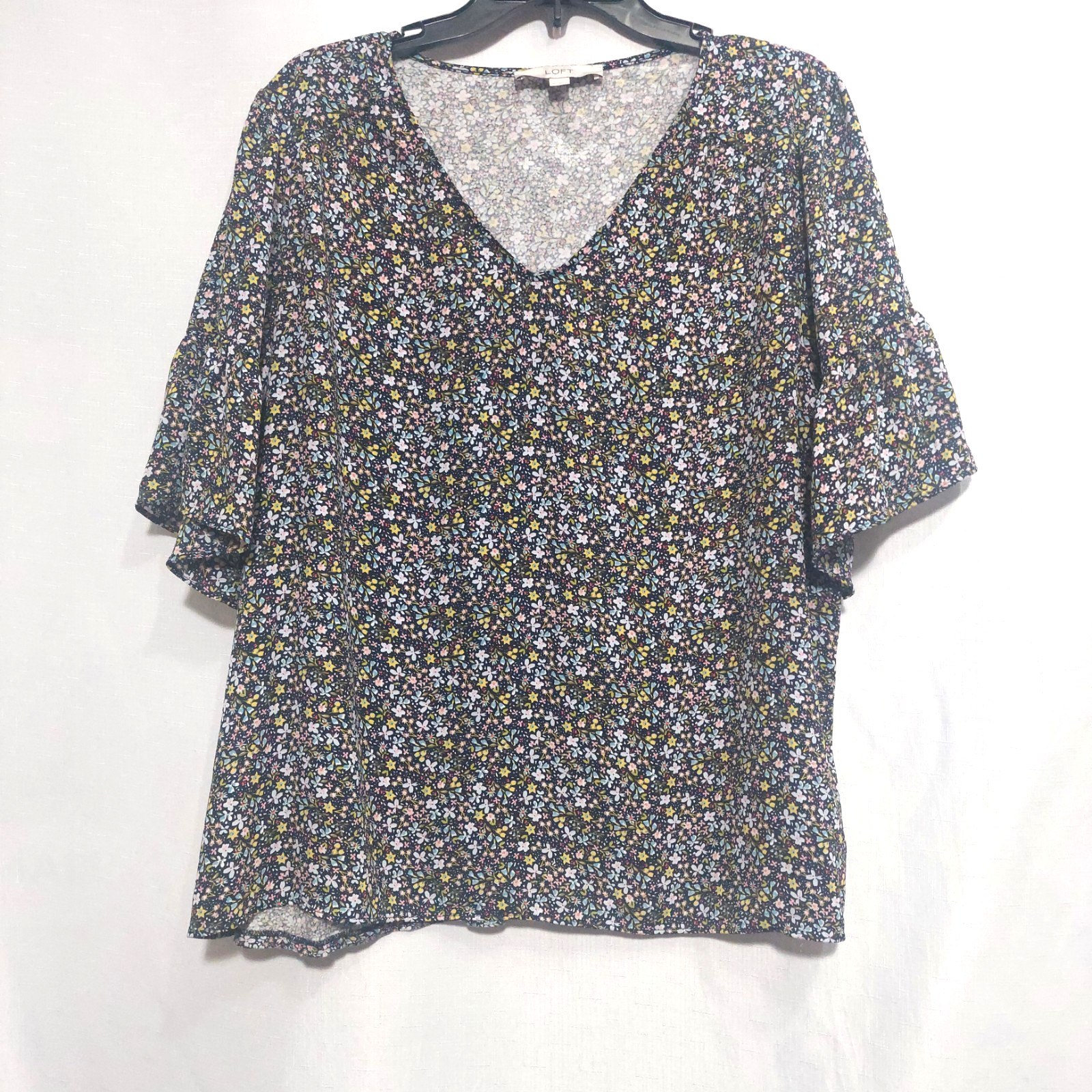 Loft Womens XL Blouse Floral V Neck Short Bell Sleeves Relaxed Lightweight
