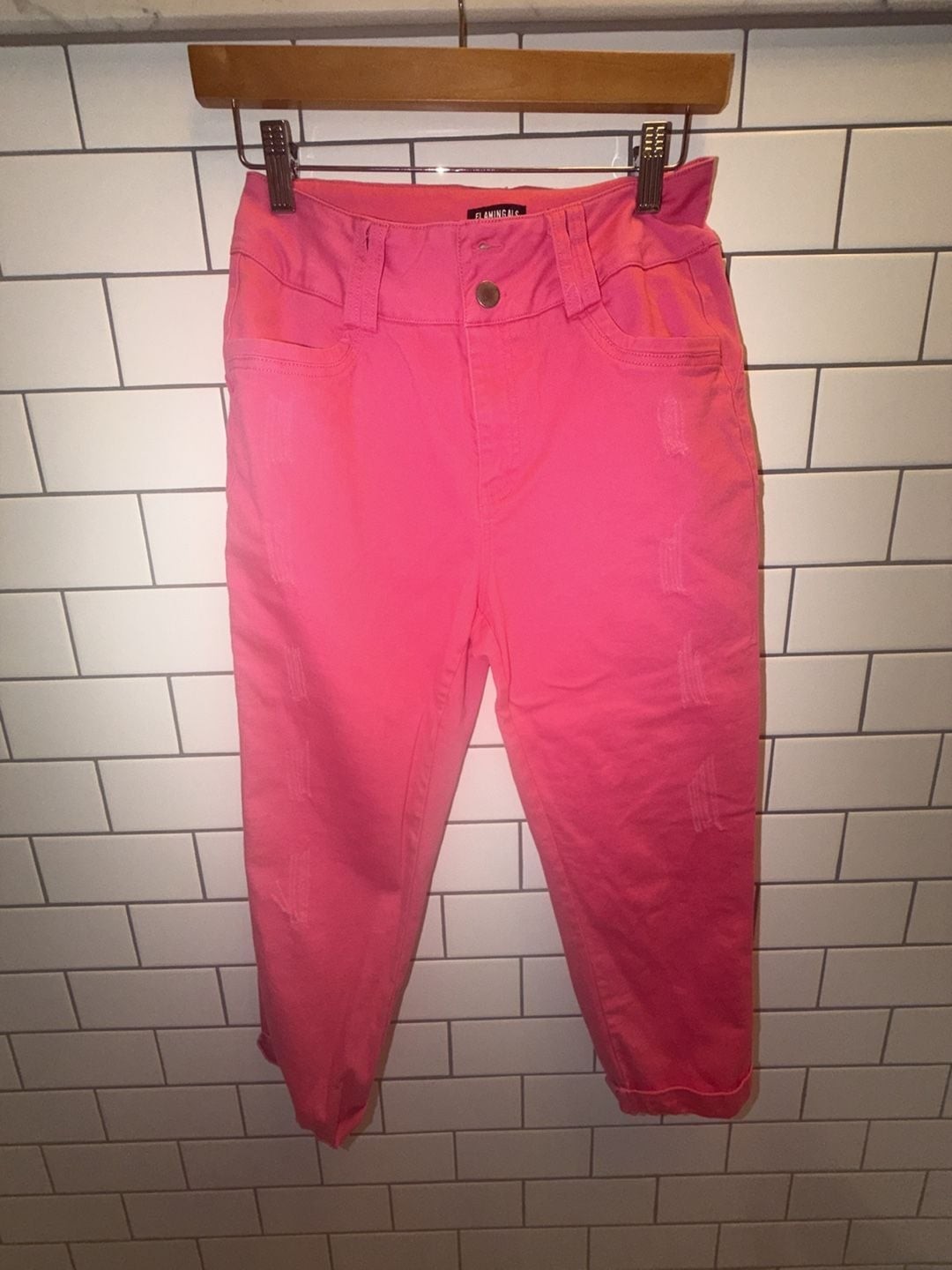 Flamingals High-Rise Distressed Hot Pink Denim Crop Jeans