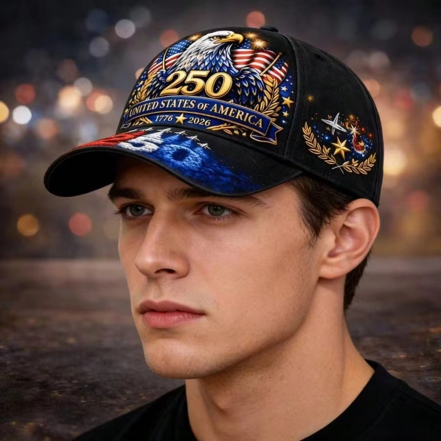250th Anniversary American Baseball Cap, 1776-2026 Flag Golden Eagle Jet Plane D