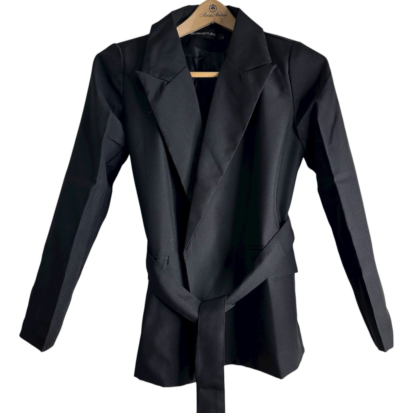 Women Elegant Suit Jackets Blazer Black Waist Ribbon Tie Up Size L Front Pockets