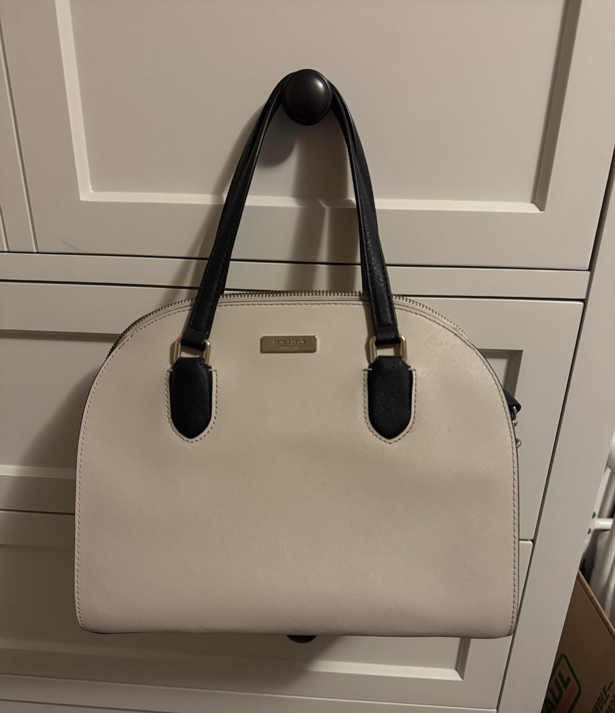 kate spade new york Dome Satchel Beige Black Handles Detachable Strap Zip