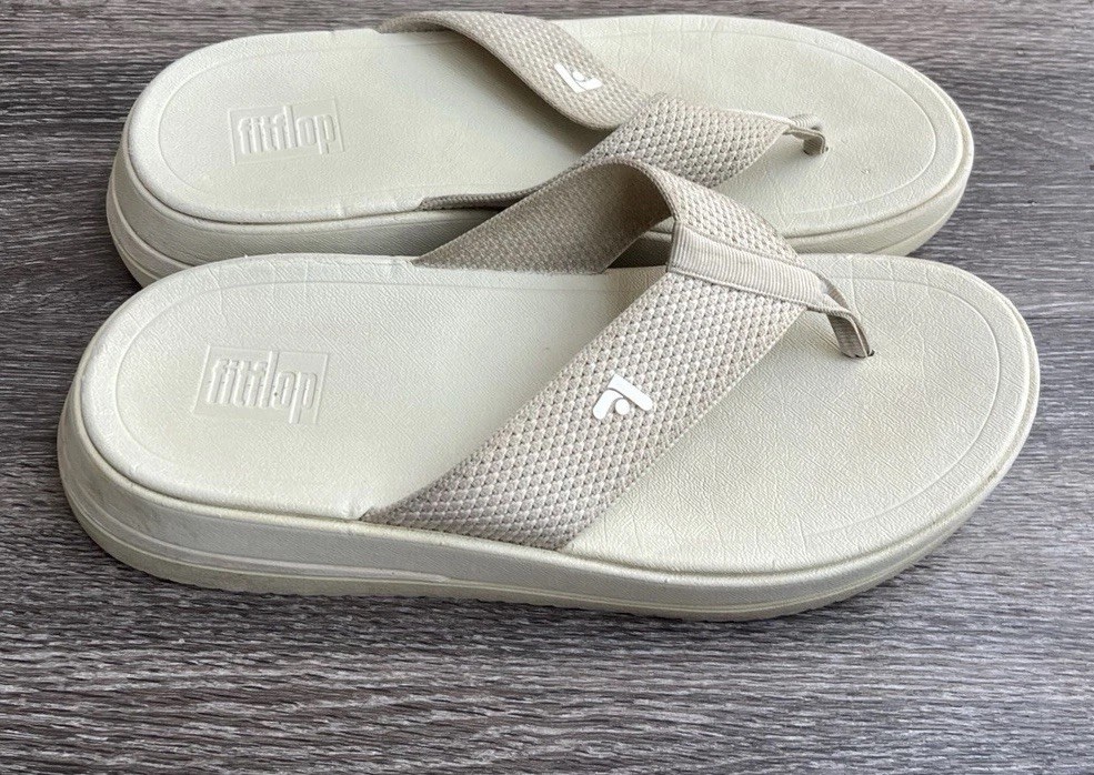 FitFlop Surff two-tone webbing toe-post sandals White Bone Women’s Sz 8