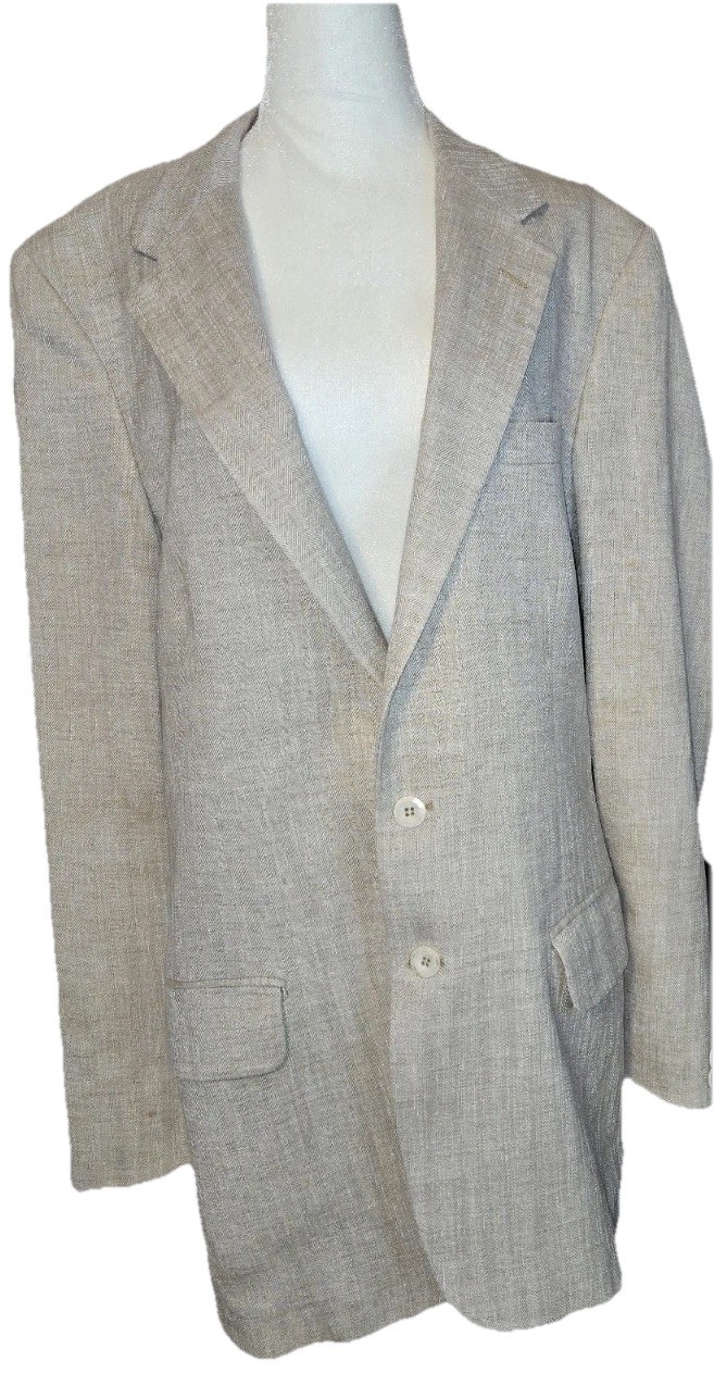Tweed Herringbone Cream Sport Coat Blazer Jacket Men’s 42R Classic 2 Button