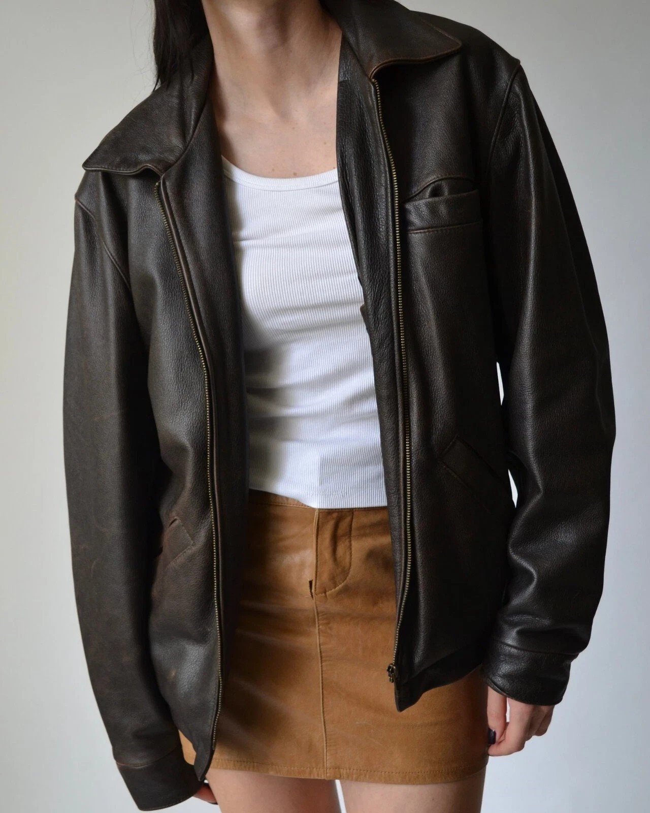 Womens Brown Pebbled Oversized Leather Jacket Baggy Vintage Biker Style Zip Coat