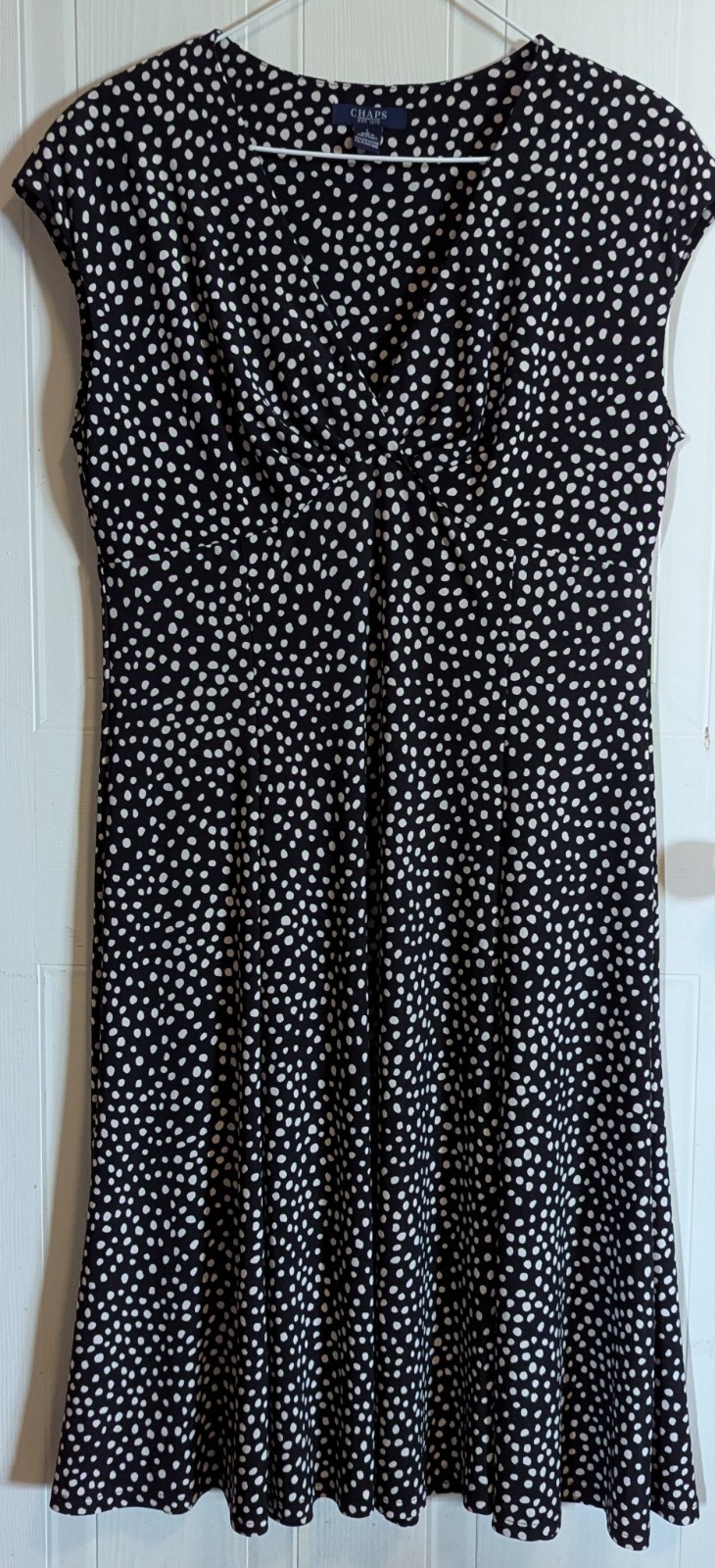 Chaps Polka Dot A-Line Dress Black White Knit Cap Sleeve Knee Length EUC Size L