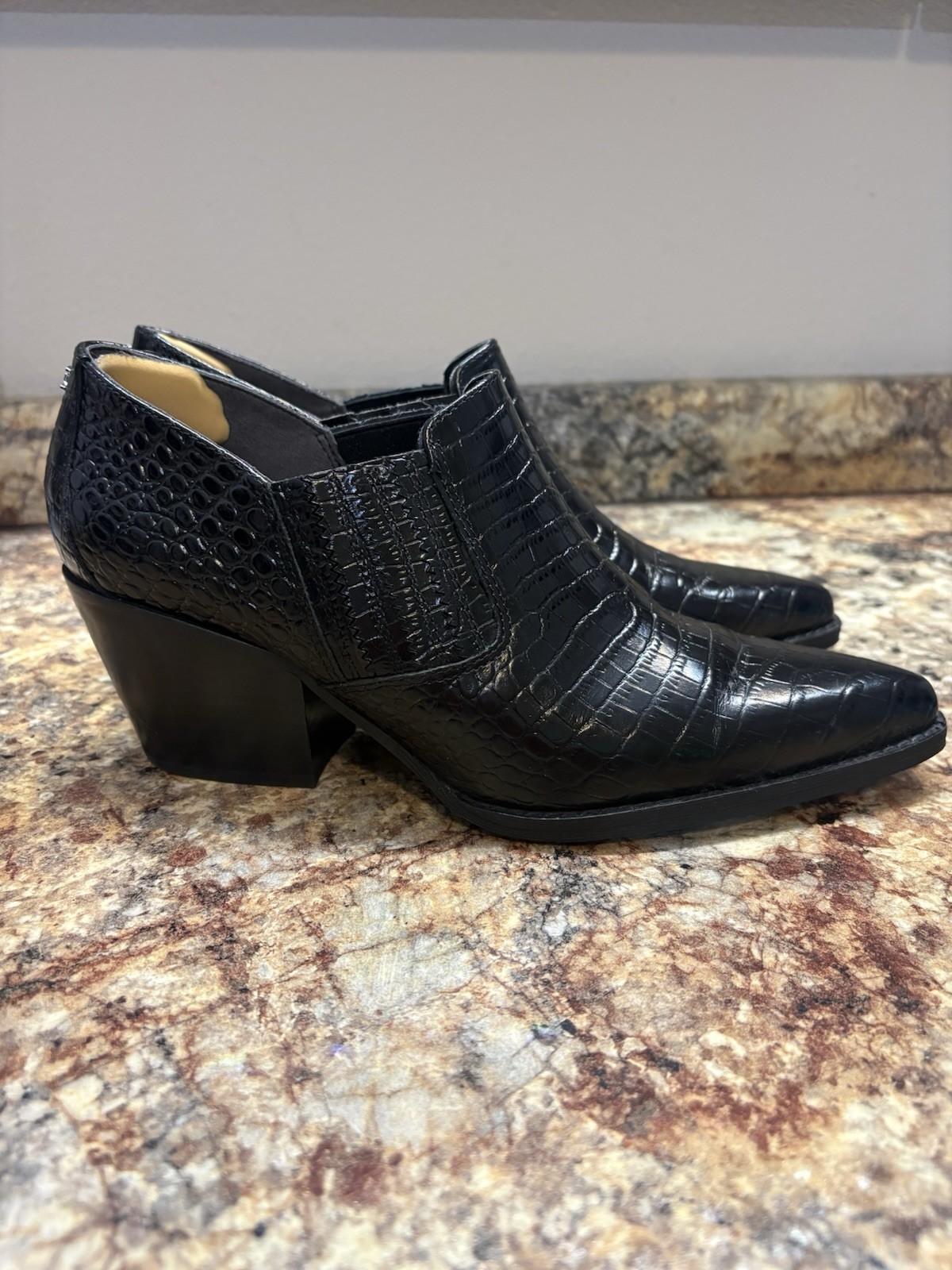 Sam Edelman Womens Croc Black Leather Ankle Boots Size 8 Preowned