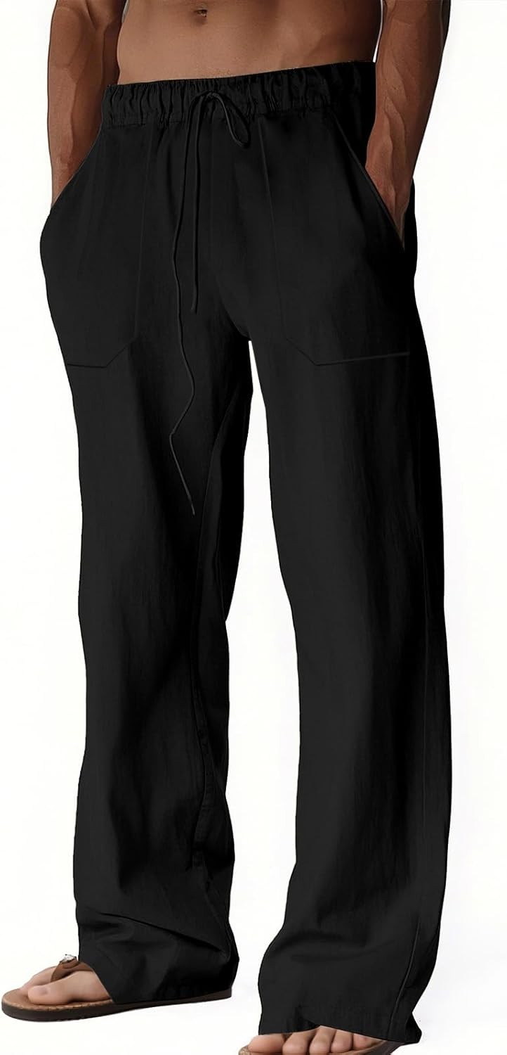 Mens Linen Casual Pants Loose Fit Drawstring Waist Lightweight Summer Beach Yoga