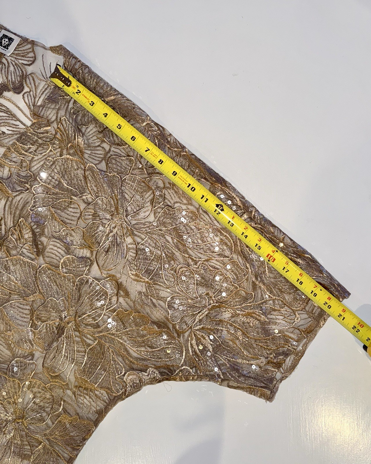 Anne Klein Sheer Embroidered Sequin Open Front Kimono Jacket Gold Floral OS