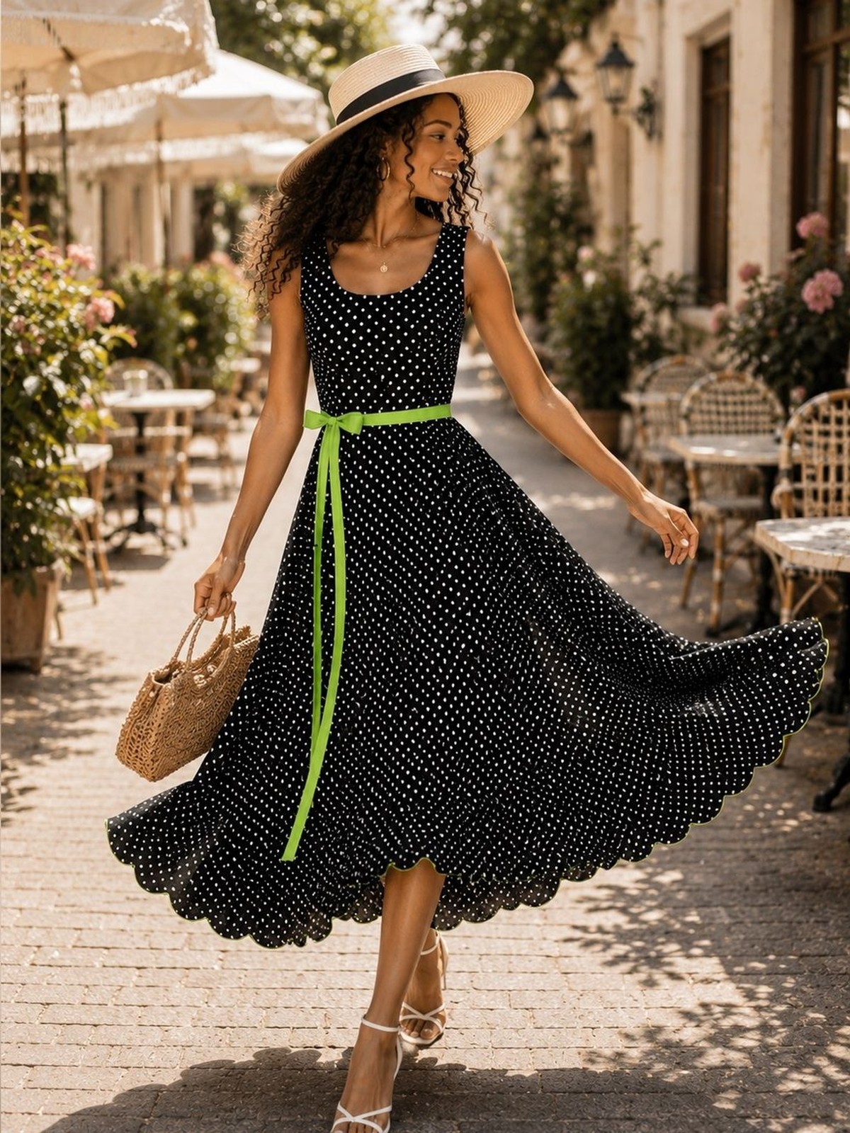 Vintage Coldwater Creek Black White Polka Dot Midi Dress Green Ribbon Size 12