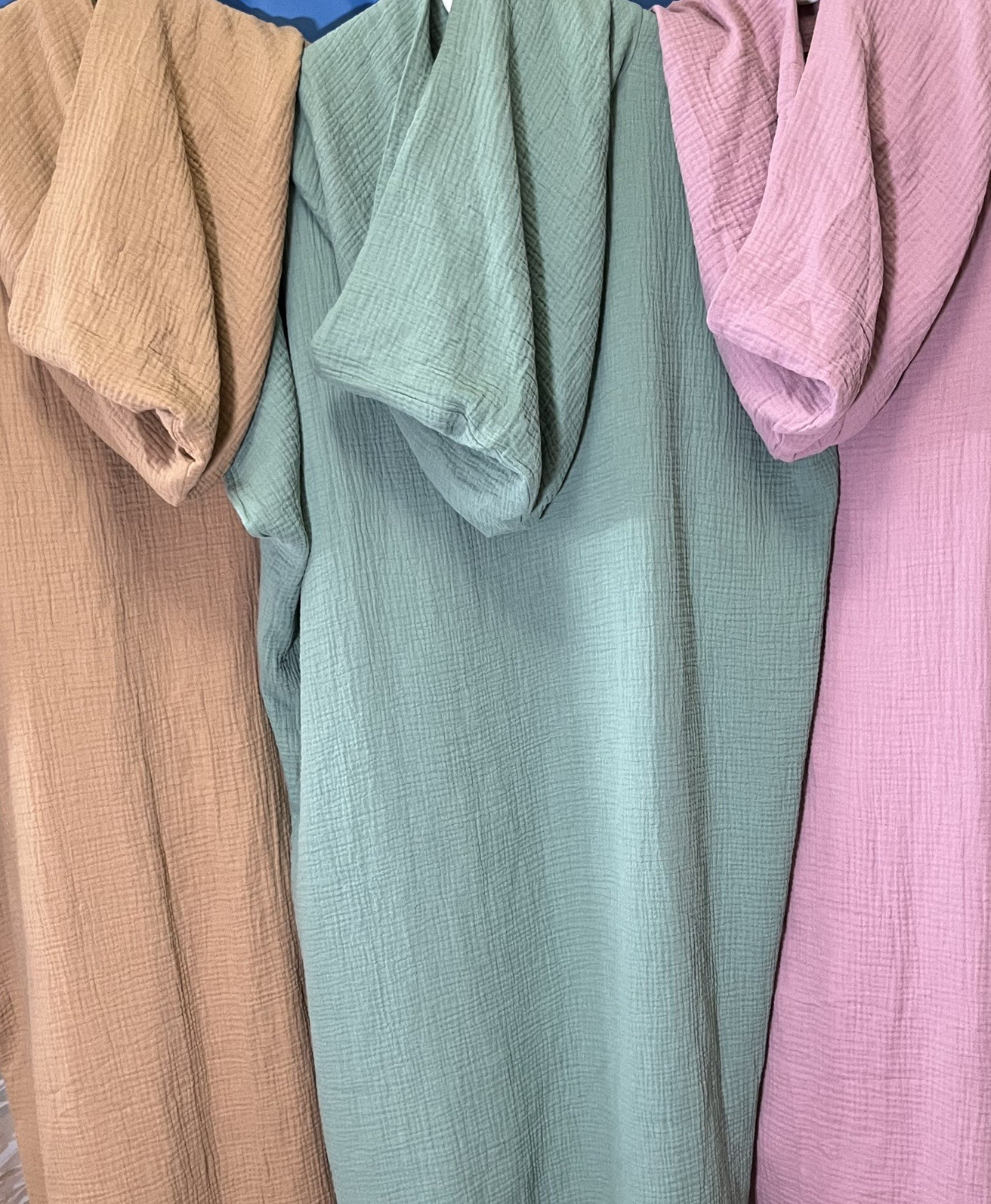 Pool Beach Coverup Hoodie Poncho Set Lot of Three Cotton Muslin Tan Sage Mauve