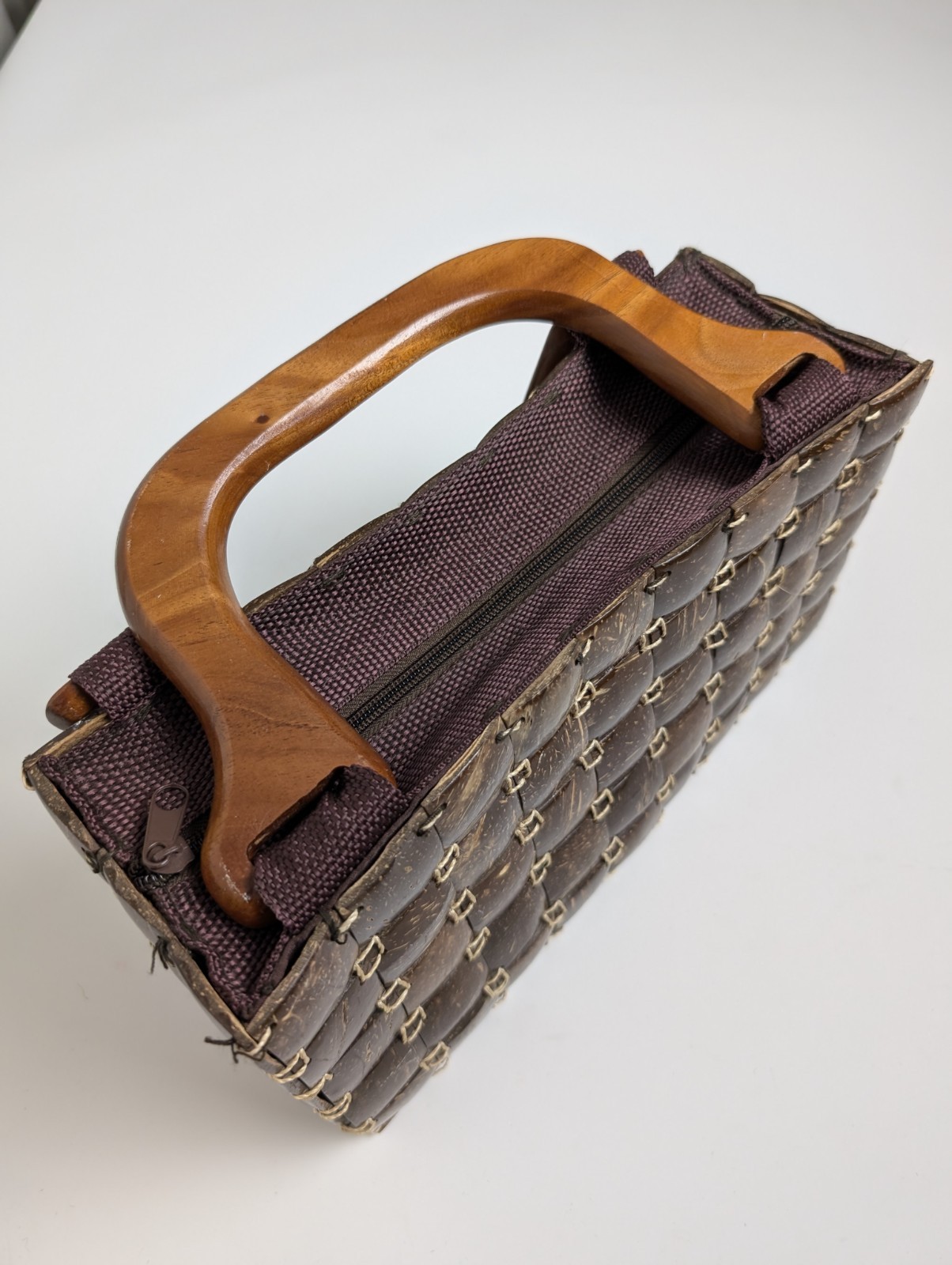 Handcrafted Brown Woven Coconut Shell Purse with Wooden Handles & Zipper Closure