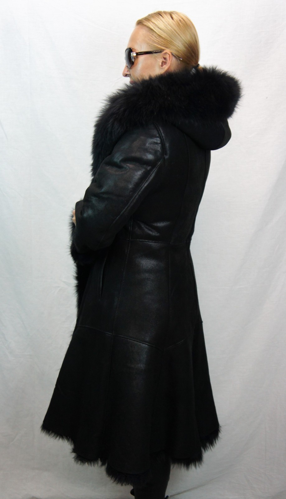REAL 100% Sheepskin Shearling Leather Toscana Long Coat Hood DAKOTA BLACK XS-6XL