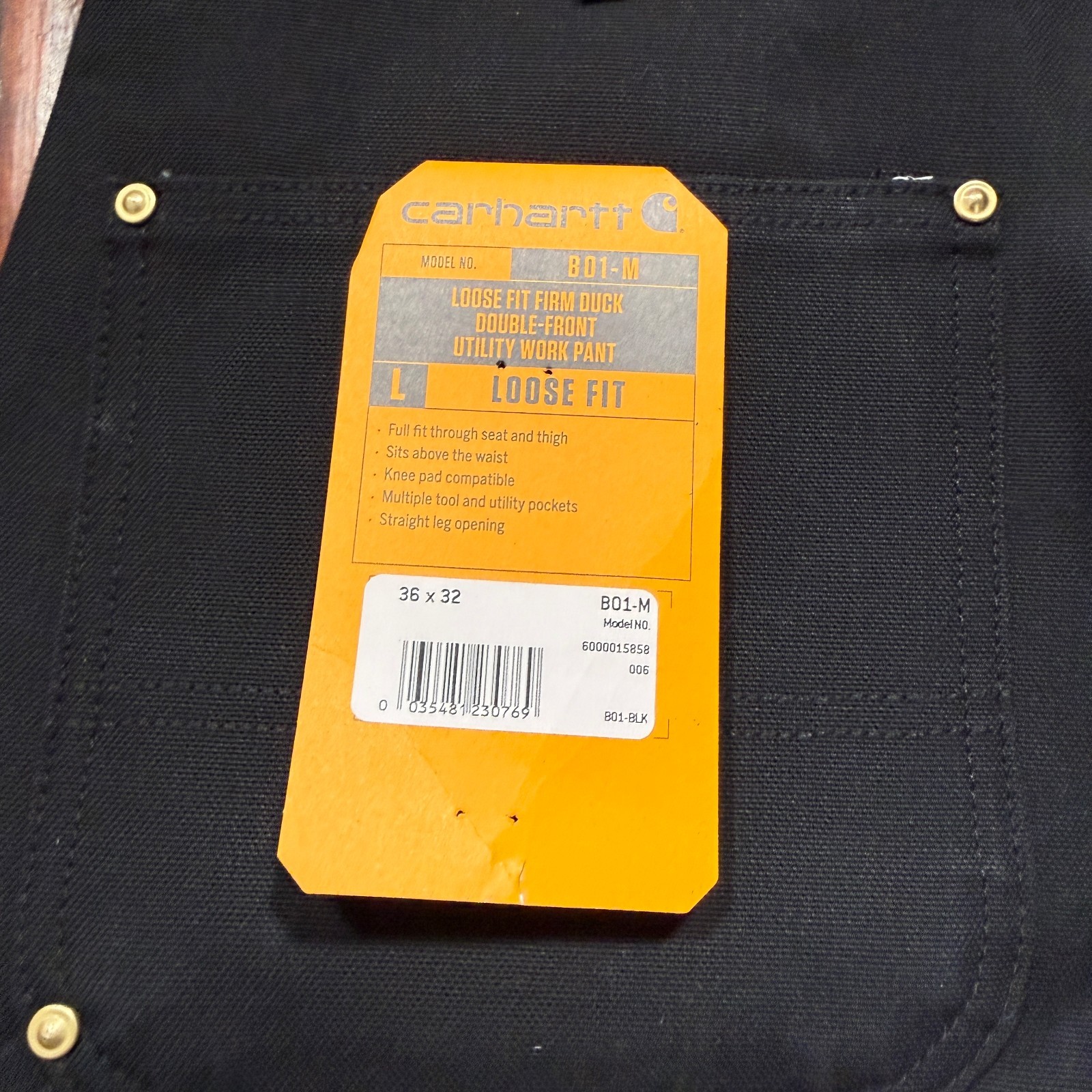 Carhartt B01 Pants Mens 36×32 Black Loose Straight Firm Duck Double Knee Work