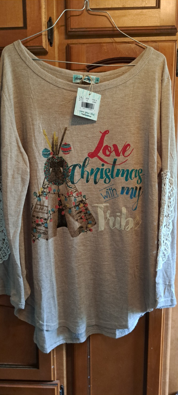 Ladies “Christmas With My Tribe” Top By Southern Grace XL Long Sleeve Tulle Lace