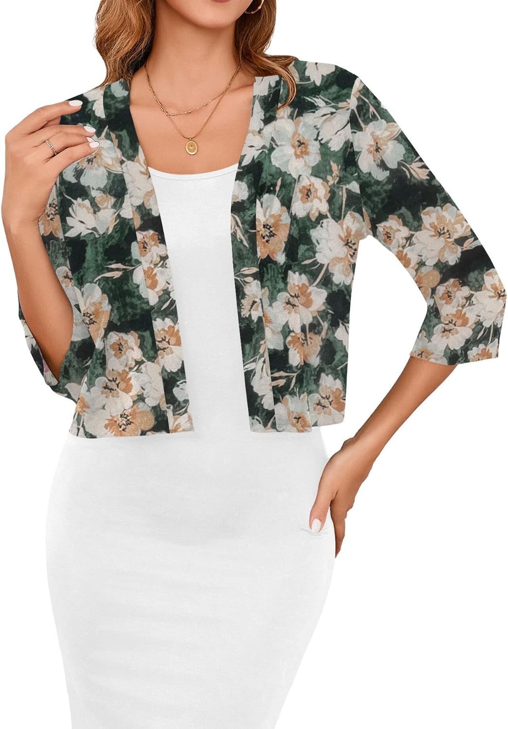 3/4 Sleeve Lightweight Open Front Cropped Cardigan Shrug for Women Summer Knit