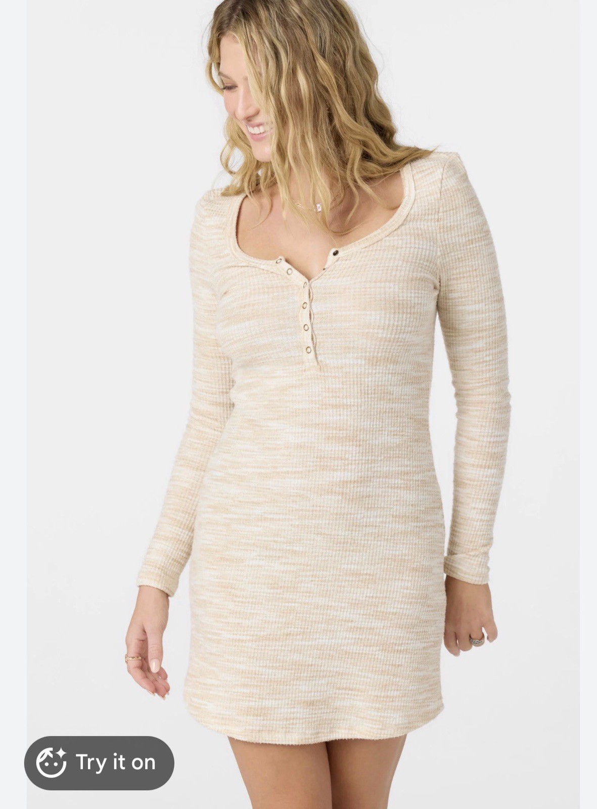 O’Neill Beige Ribbed Knit Cotton Scoop Neck Button Bodycon Mini Dress M