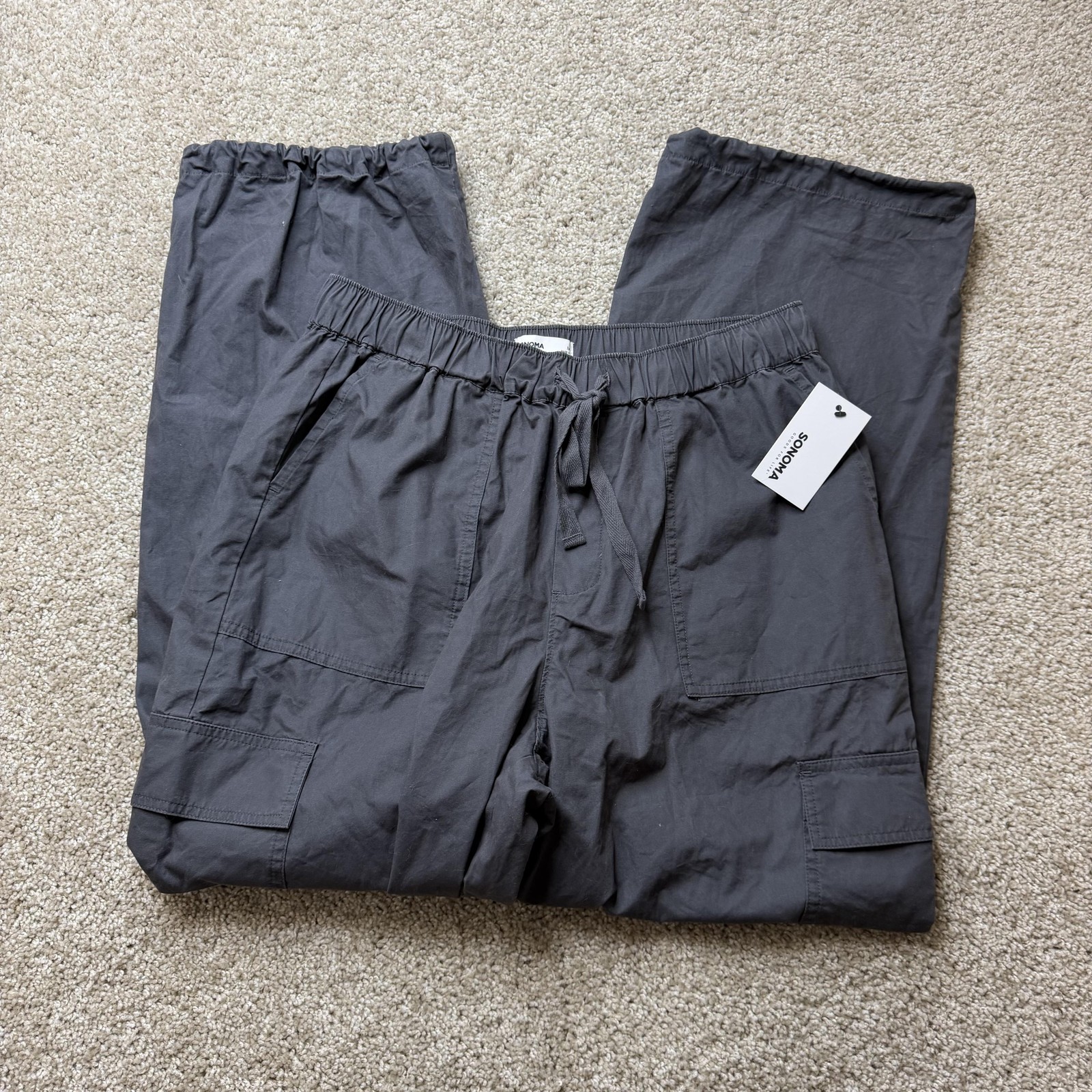 Sonoma Goods For Life Cargo Pants Womens M Gray Twill Drawstring Elastic Waist