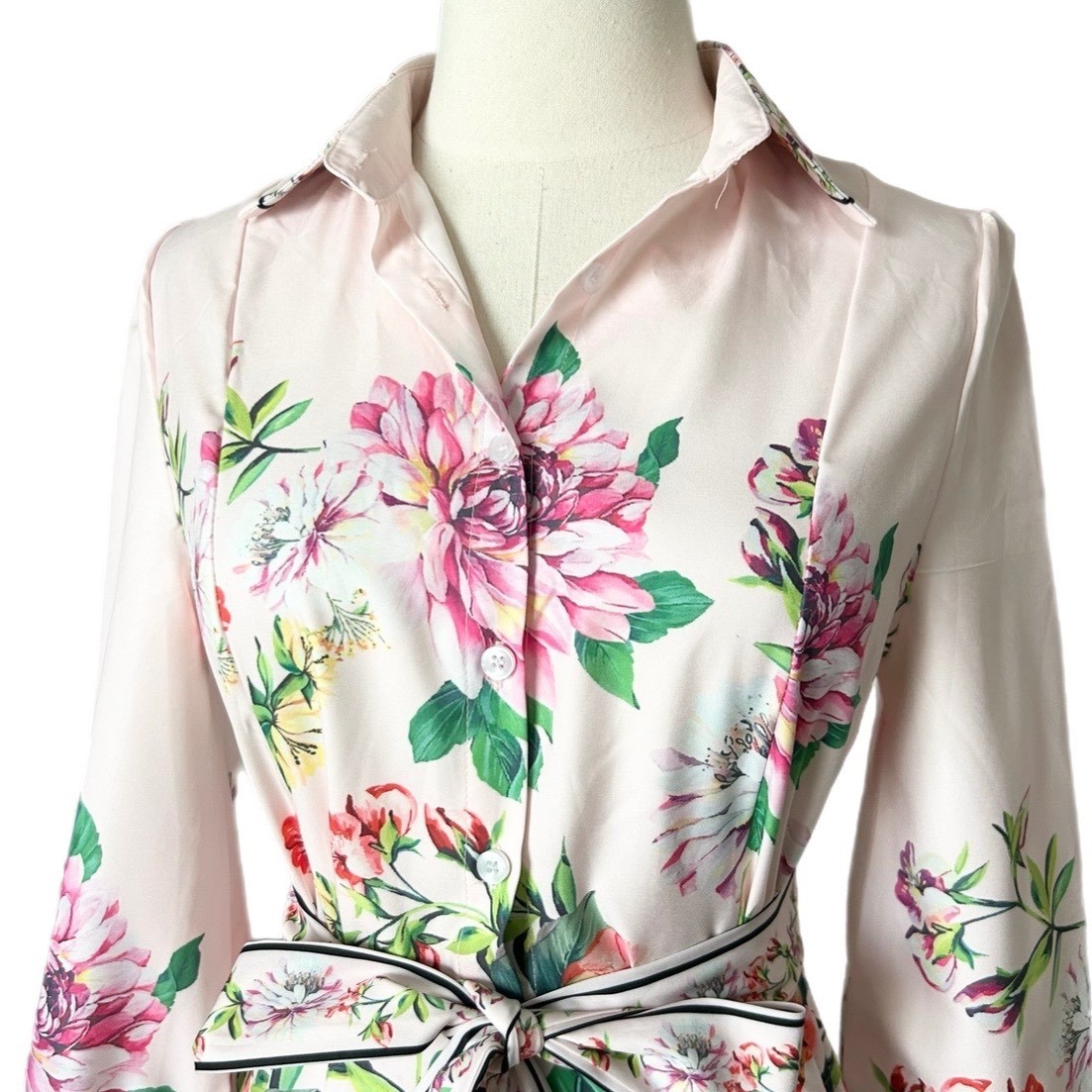 Dalia MacPhee Pink Floral Long Sleeve Button Front Shirt Dress with Belt Medium