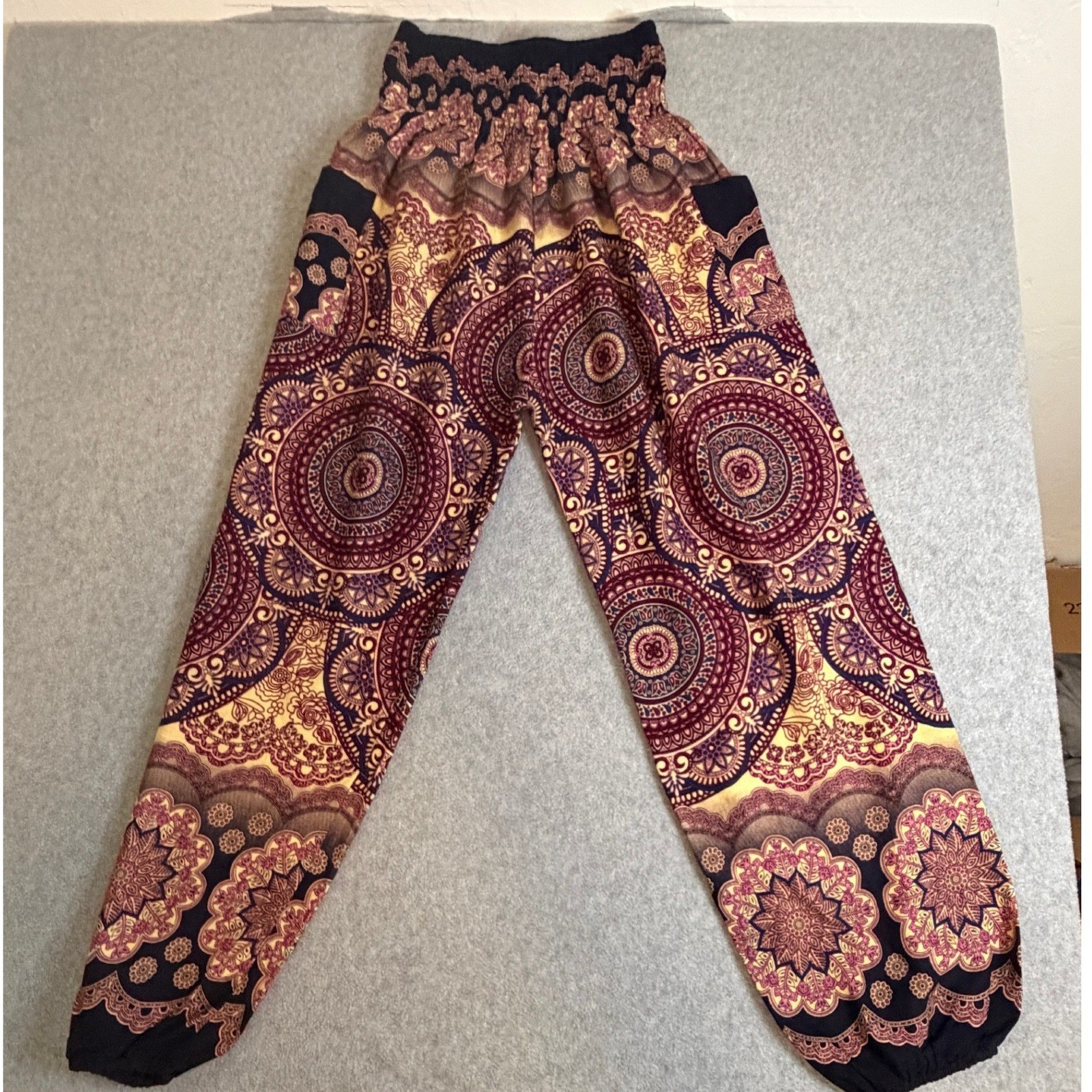 Boho Mandala Harem Pants Smocked Waist Burgundy Gold Yoga Festival Trousers