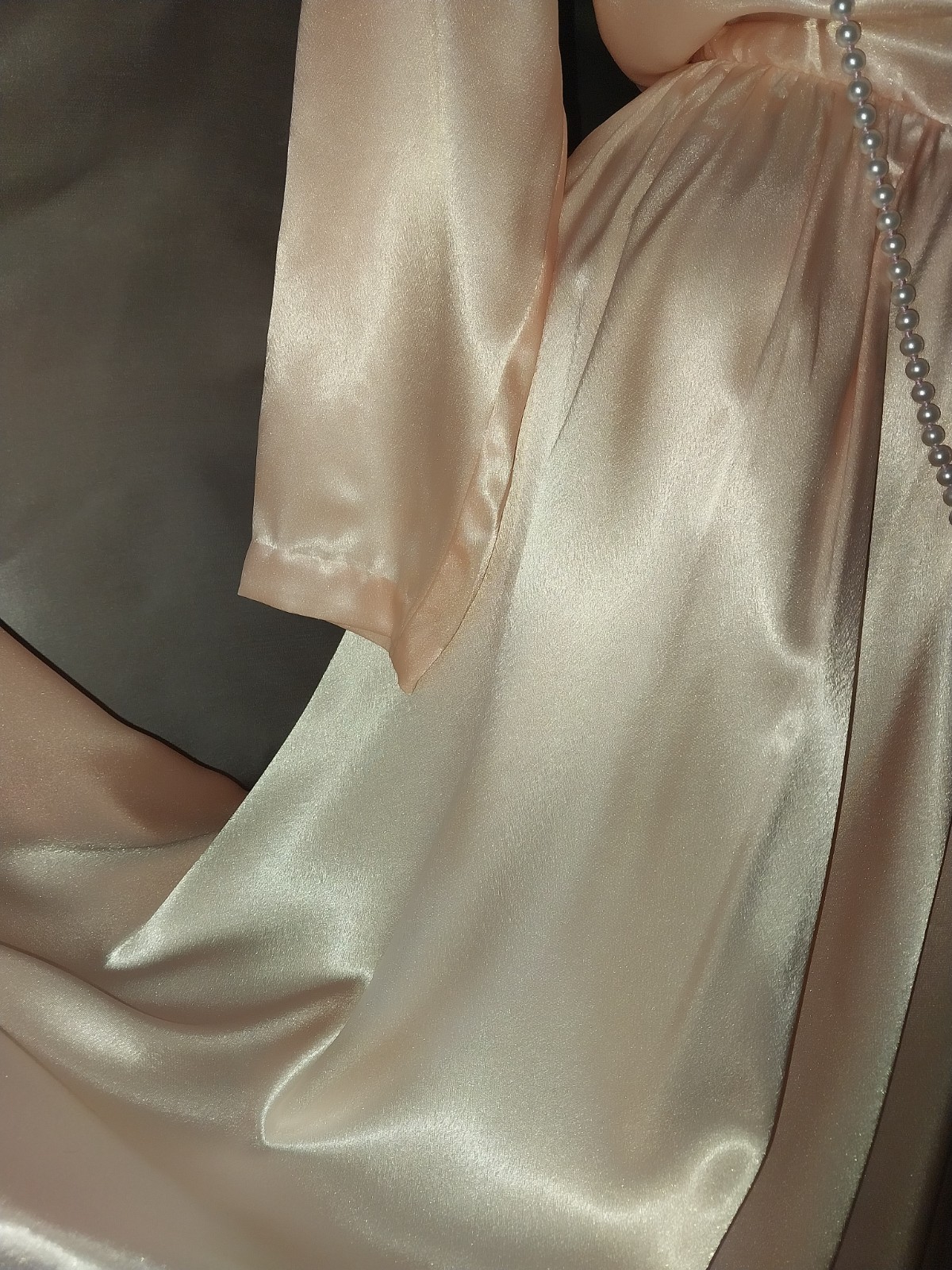 Vtg SATIN IMPORTED PEACH PINK COWL CASCADE 350″ GRAND SWEEP FLARE MAXI DRESS L42
