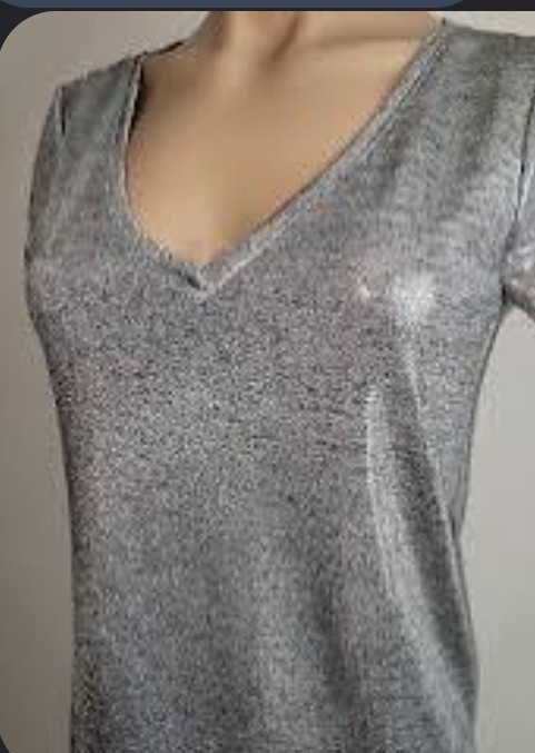 White House Black Market Metallic Silver V-Neck Tee Top Sparkle