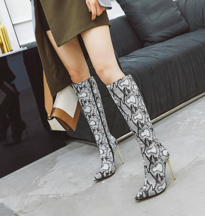 Plus Size Womens Pointy Toe Snake Pattern Stiletto Heels Knee High Boots Fashion