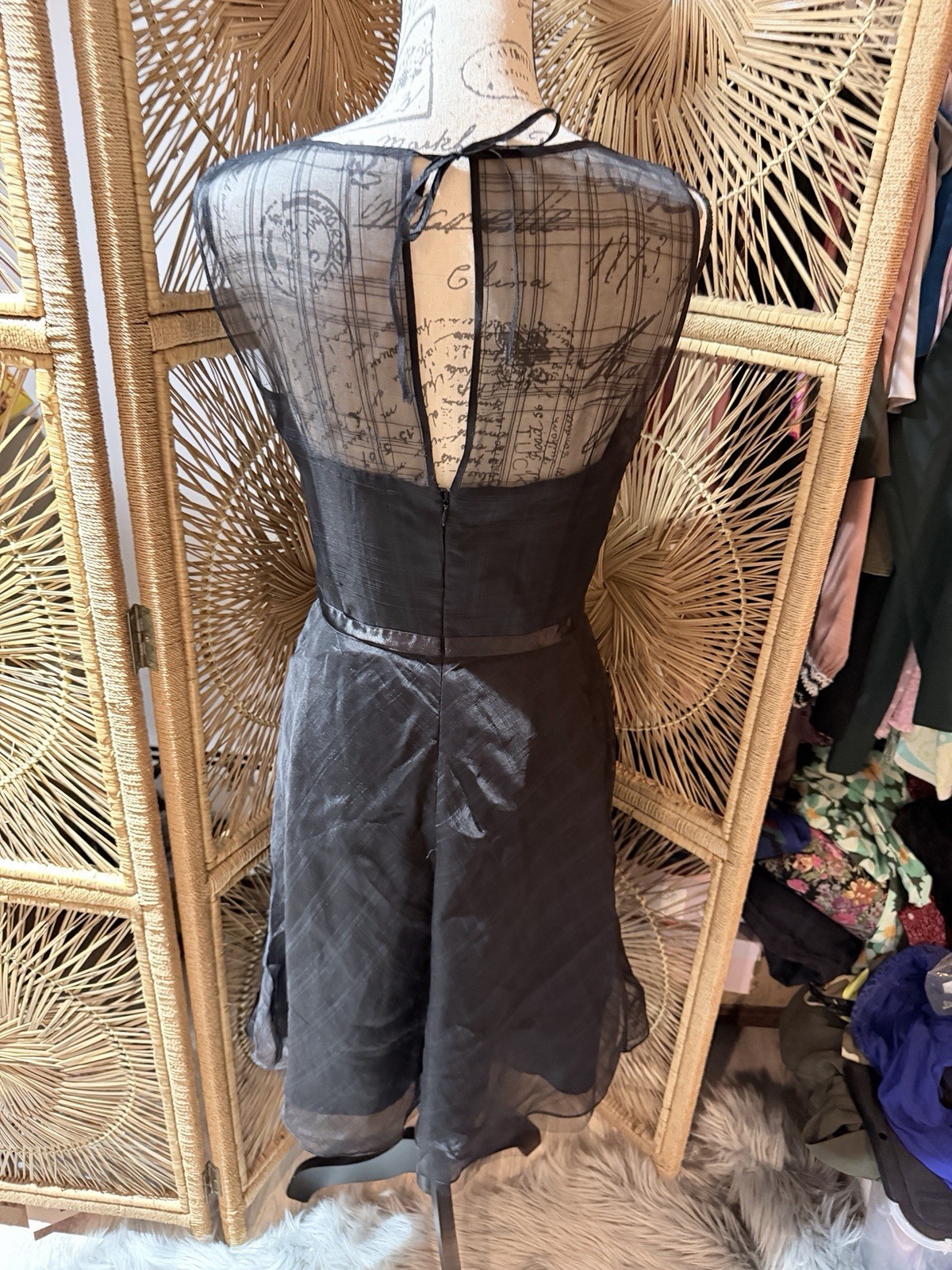 Express Black Silk Chiffon Sheer Lined A-Line Scoop Neck Dress Belt Zip 10