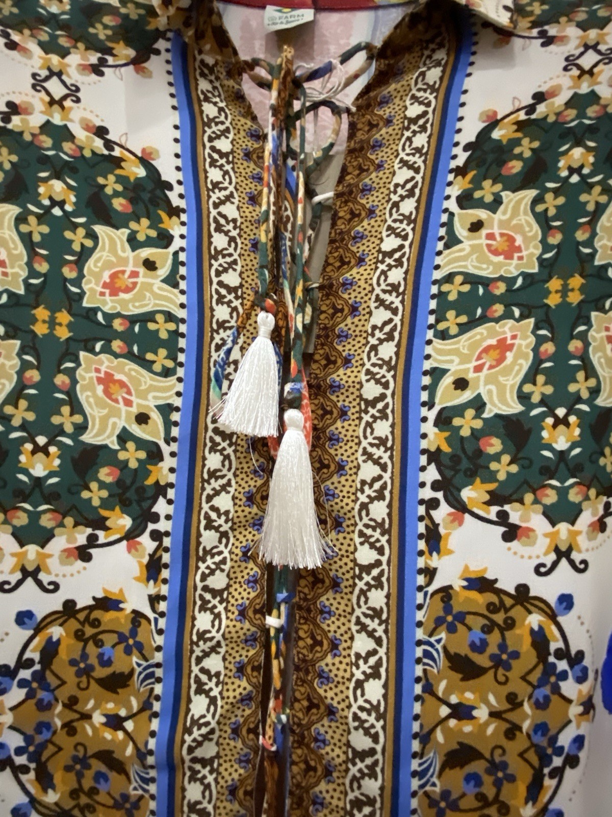 FARM Rio de Janeiro Multicolour Floral Collared Tie Neck Tassel Blouse size M