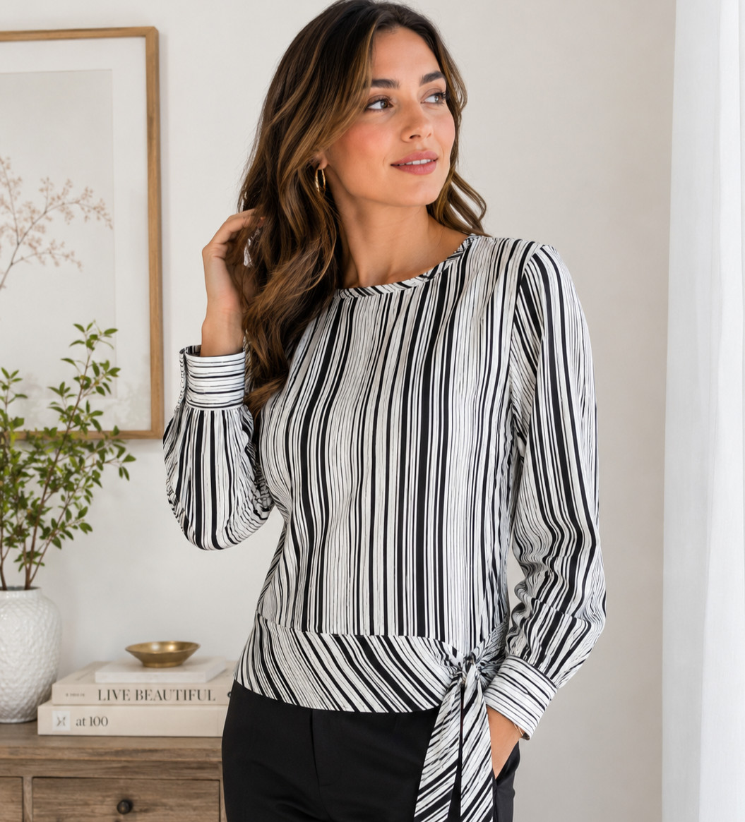 Talbots Petites SP Black White Stripe Tie Waist Long Sleeve Blouse Cotton