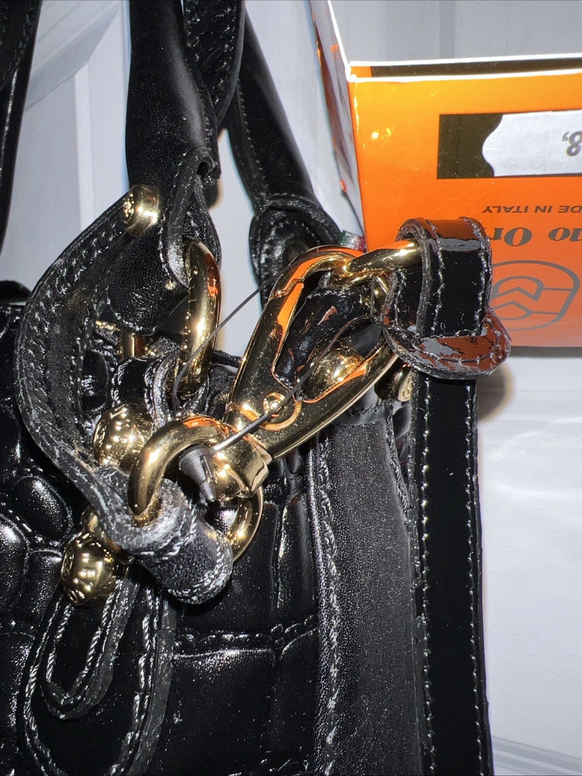NWT MARINO ORLANDI ITALIAN DESIGNER CROC LEATHER BLACK SATCHEL SHOULDER BAG 4228