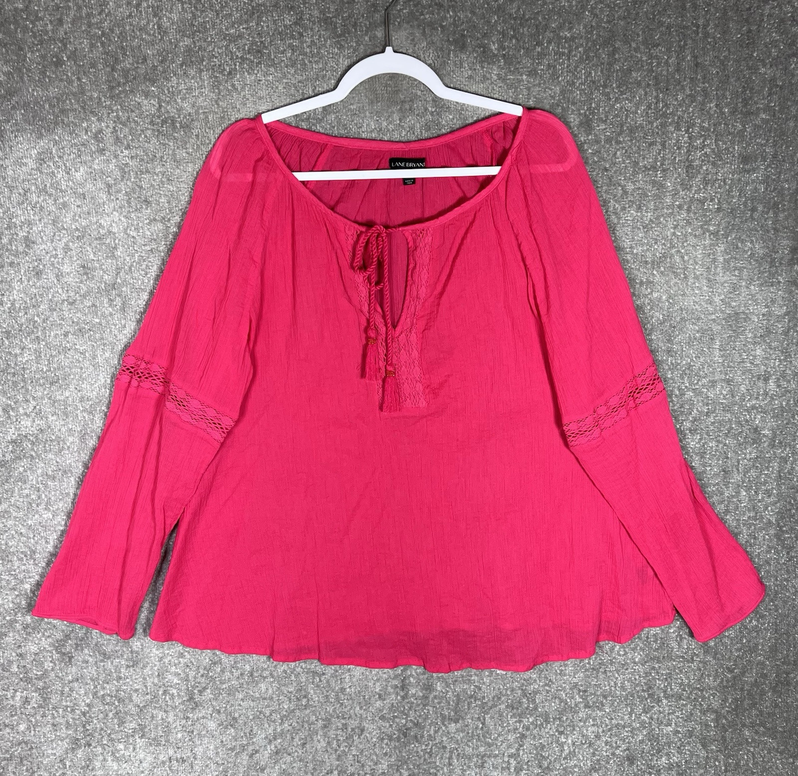 Lane Bryant Crinkle Gauze Top Womens Size 18/20 Pink Semi Sheer Tassel Keyhole