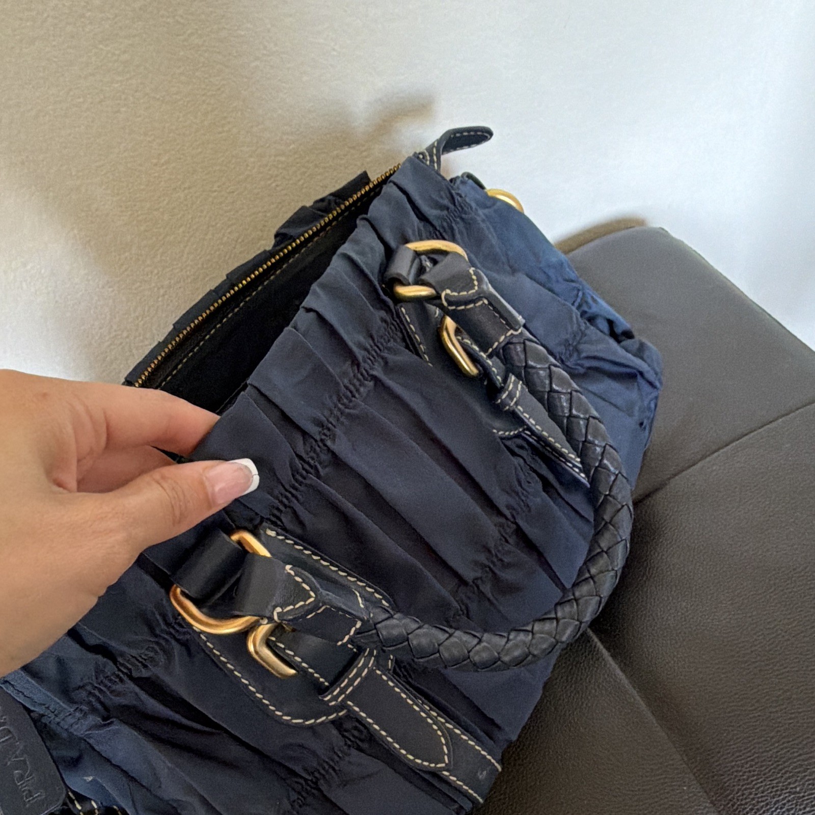 PRADA Blue Quilted Top Handle Bag, Braided Handles, Gold Zip, Auth Card