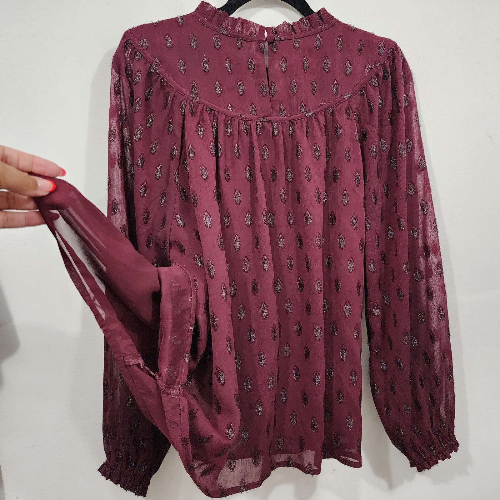 LOFT Shimmer Vine & Geo Clip Pleated Yoke Tops Set Womens L Long Sleeve Sheer