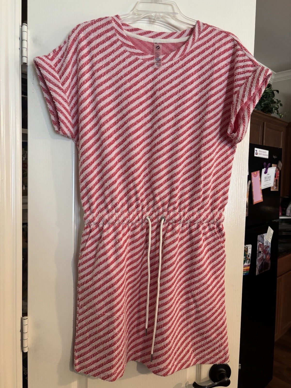 Lou & Grey Women’s M Striped Terry T-Shirt Dress Drawstring Waist Red/White