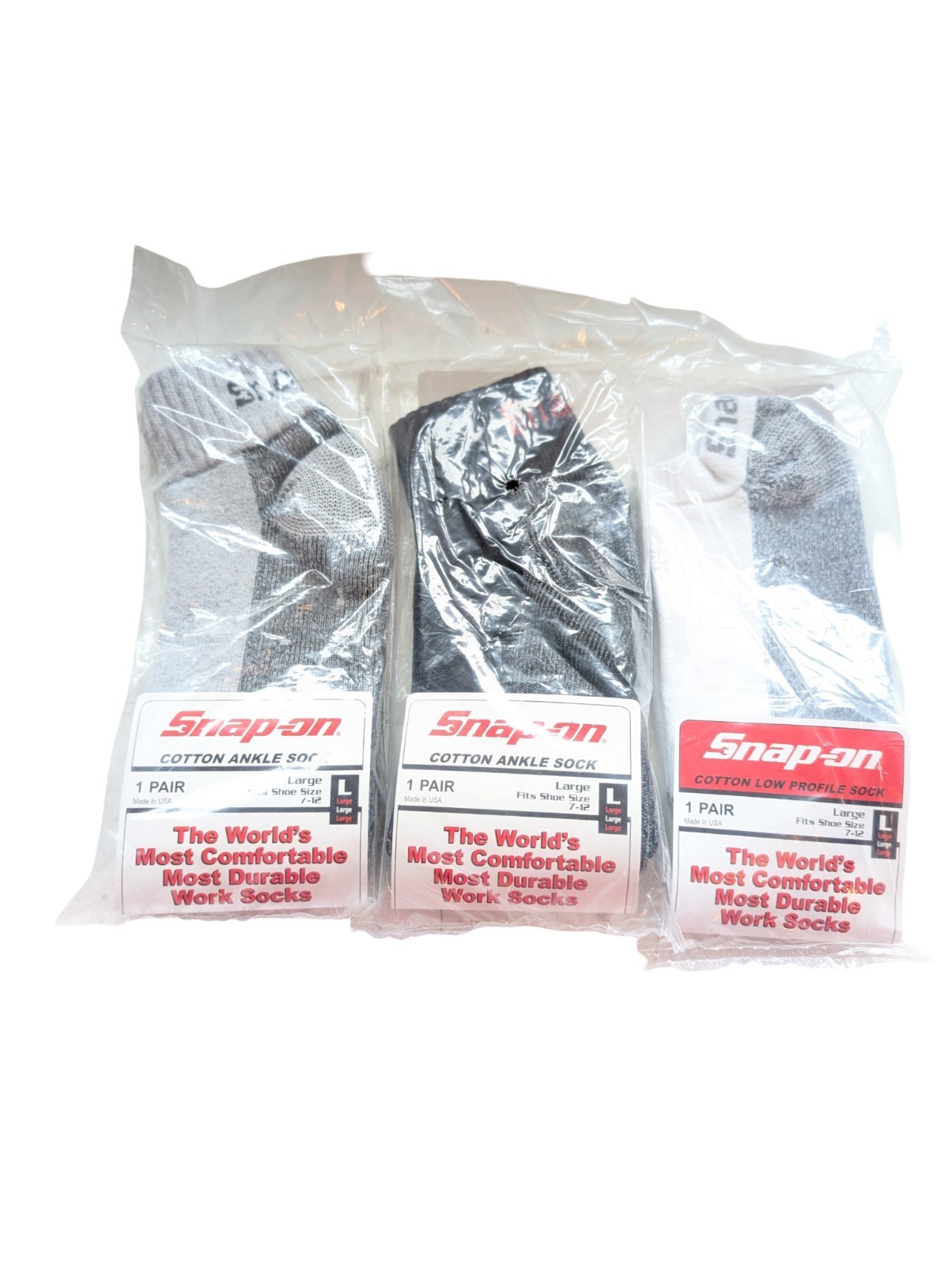 3 Pairs of Snap-On Tools Cotton Ankle Work Socks Large 7-12 Shoe New