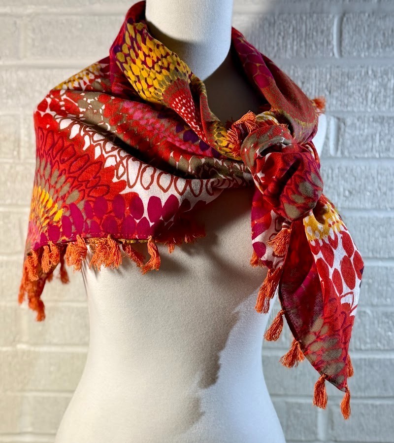 Colorful Floral Burst Scarf 42 x 42 Tassels Orange Pink Yellow Cotton Excellent
