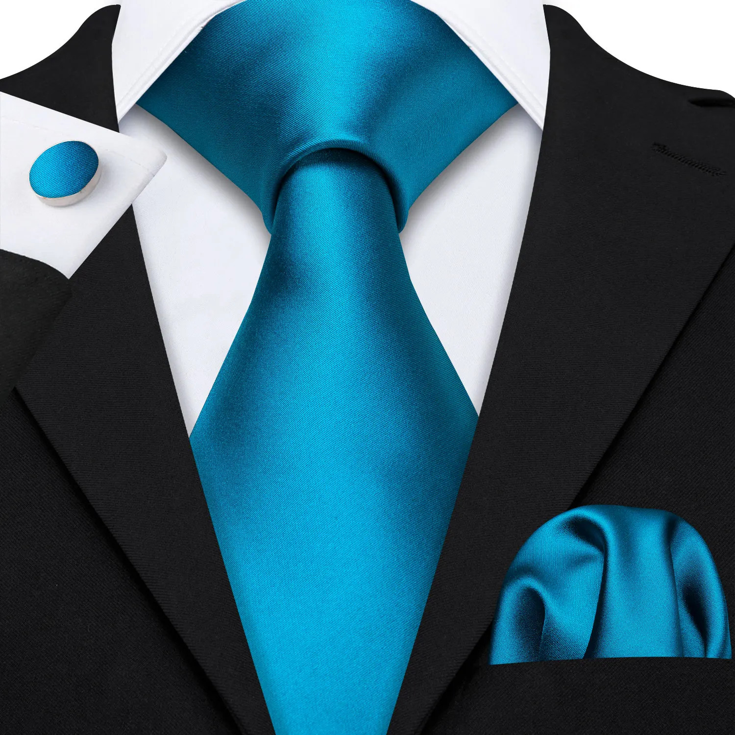 Men’s Silk Necktie Set Turquoise Solid Wedding Business Pocket Square Cufflinks